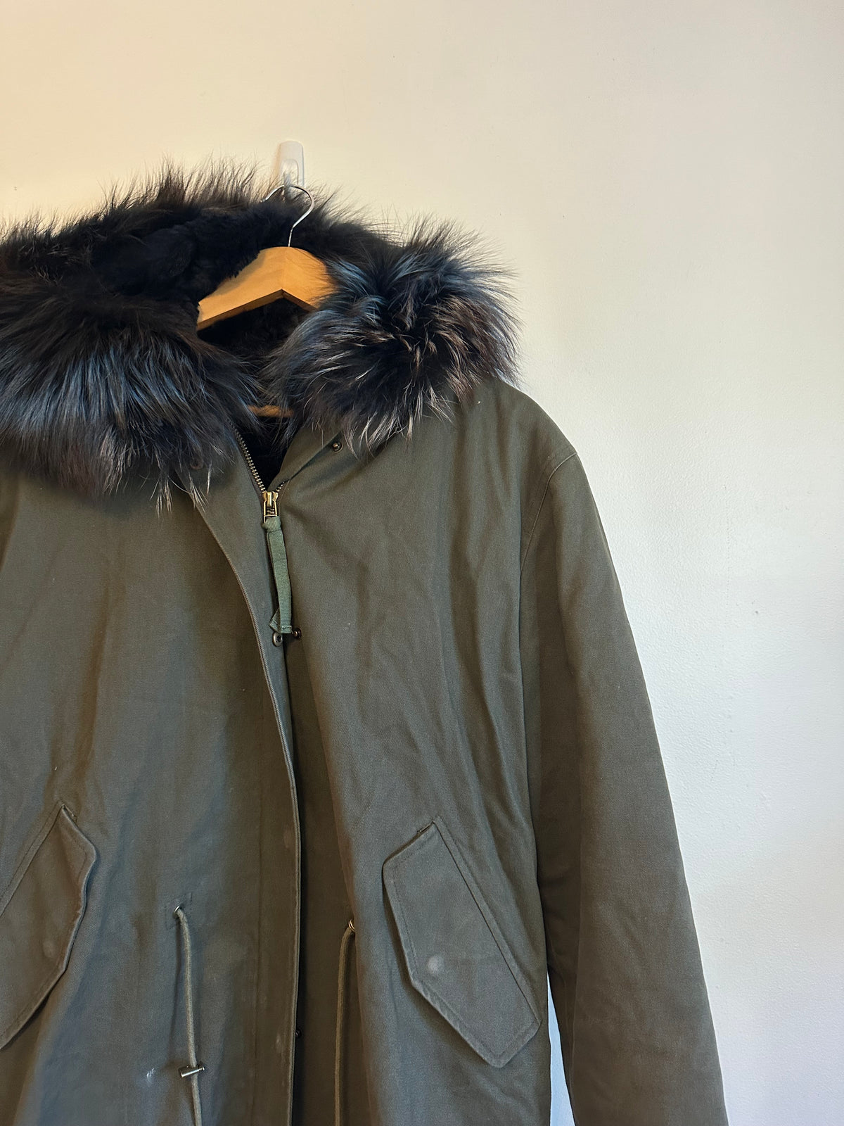 Peri Luxe Olive Green Parka with Rabbit Fur Lining and Fox Fur Hood | Large