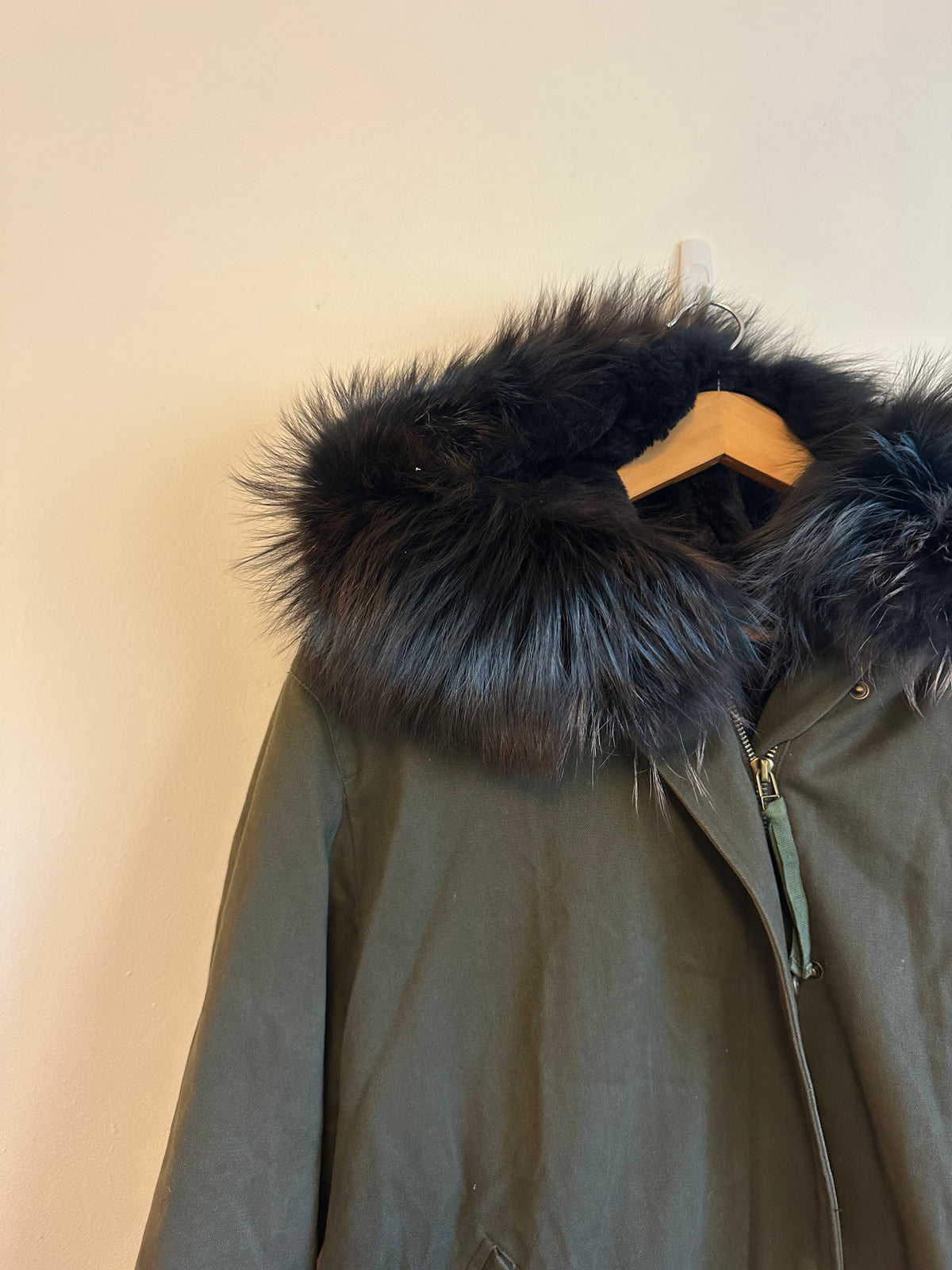 Peri Luxe Olive Green Parka with Rabbit Fur Lining and Fox Fur Hood | Large