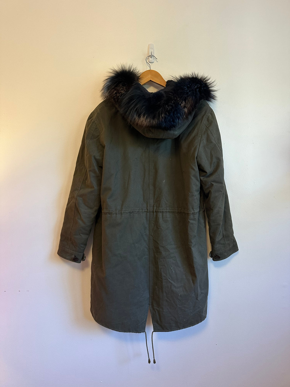 Peri Luxe Olive Green Parka with Rabbit Fur Lining and Fox Fur Hood | Large