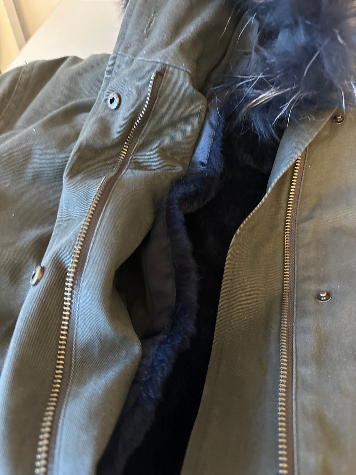 Peri Luxe Olive Green Parka with Rabbit Fur Lining and Fox Fur Hood | Large
