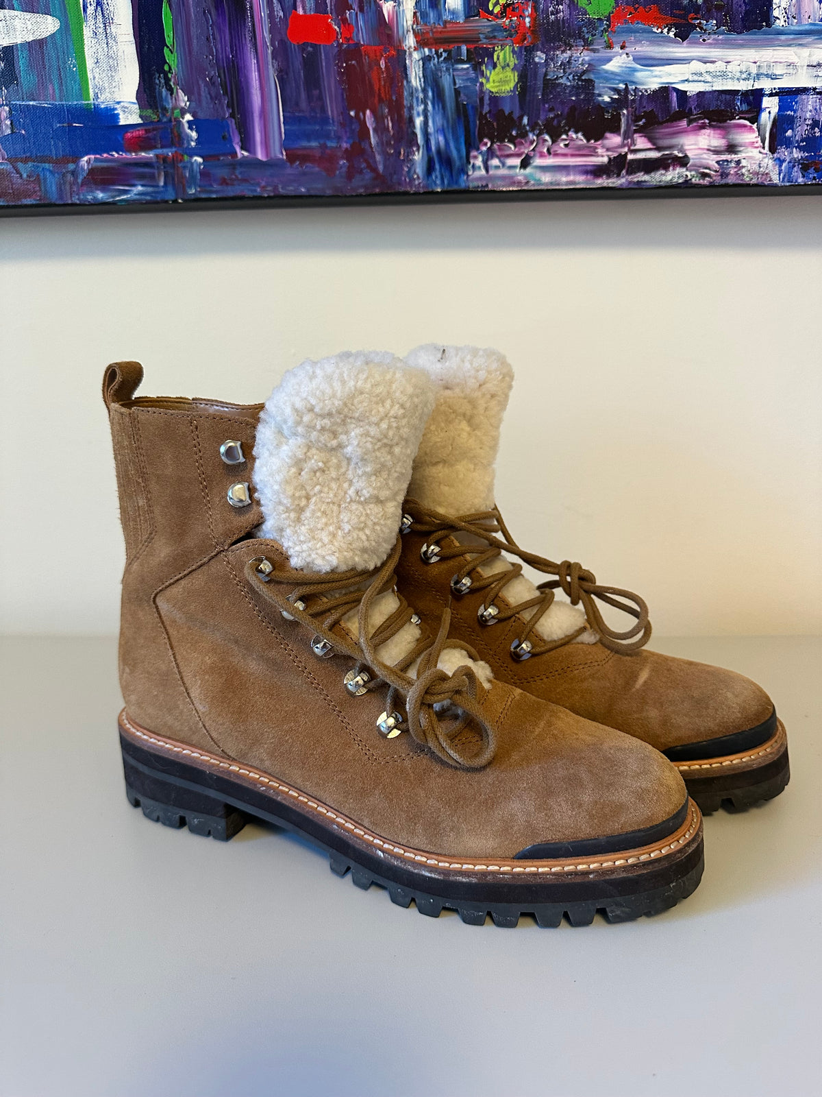 Marc Fisher Izzie Tan Suede Shearling Hiker Combat Boots | Size 9.5