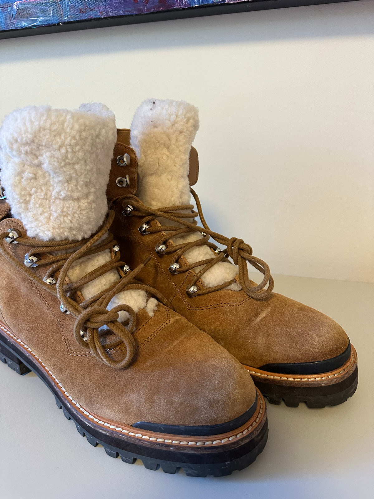 Marc Fisher Izzie Tan Suede Shearling Hiker Combat Boots | Size 9.5