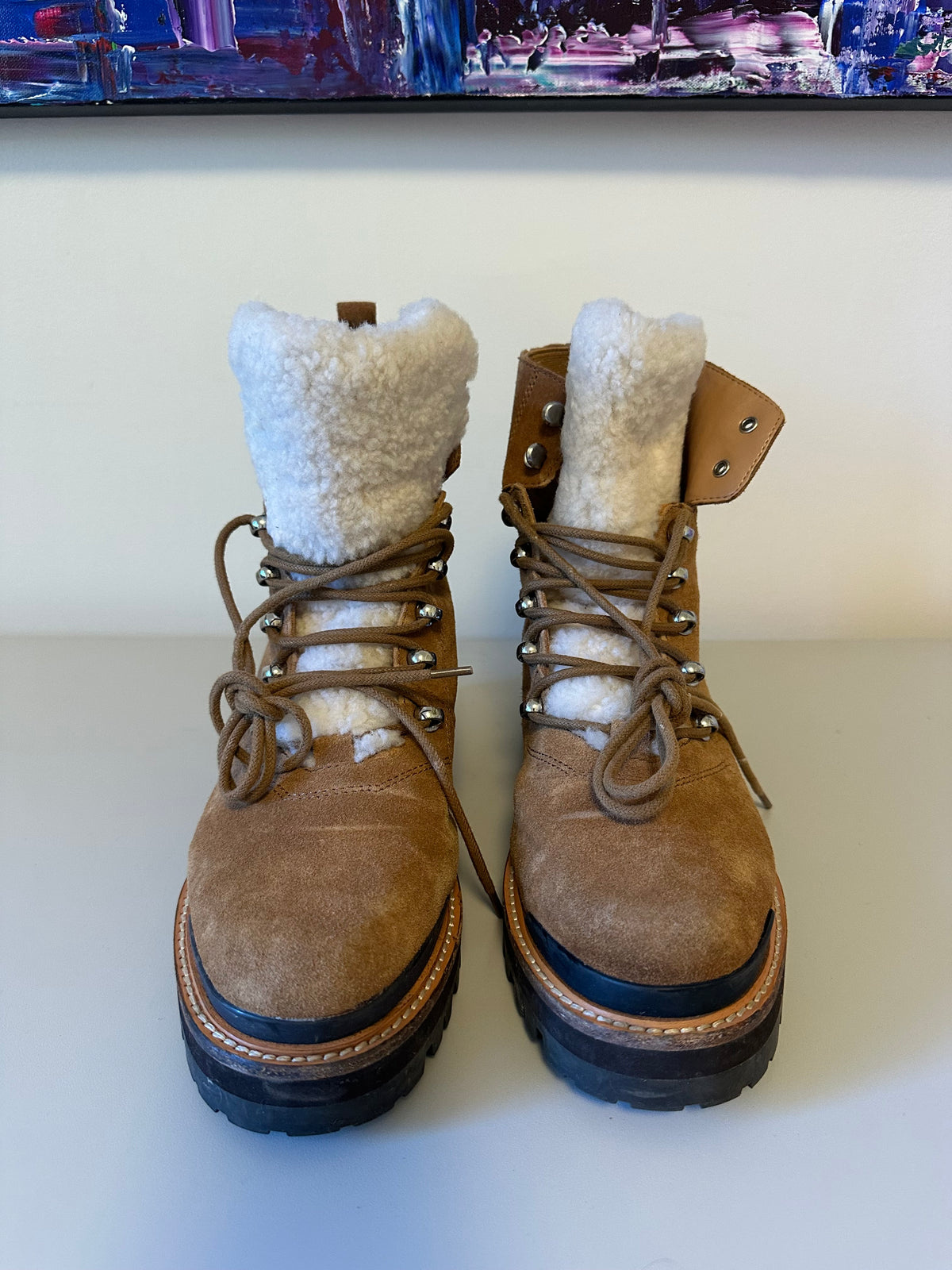 Marc Fisher Izzie Tan Suede Shearling Hiker Combat Boots | Size 9.5