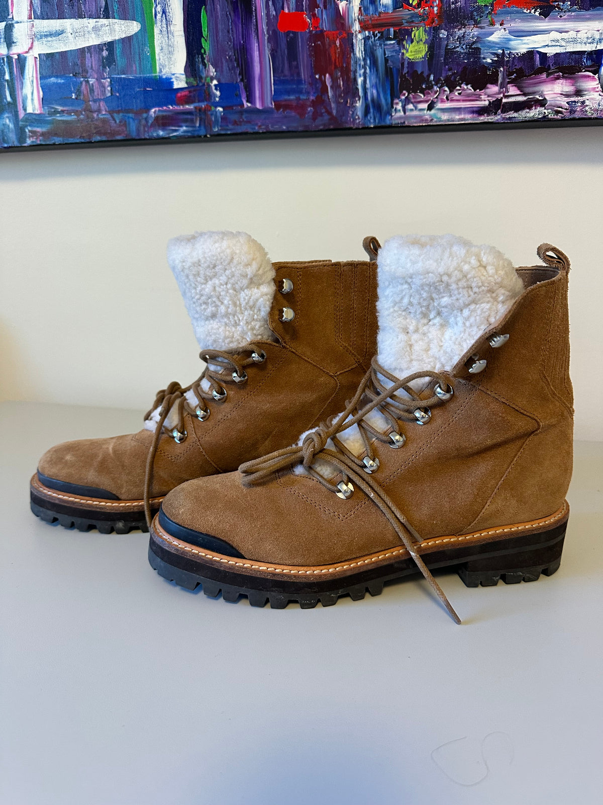 Marc Fisher Izzie Tan Suede Shearling Hiker Combat Boots | Size 9.5