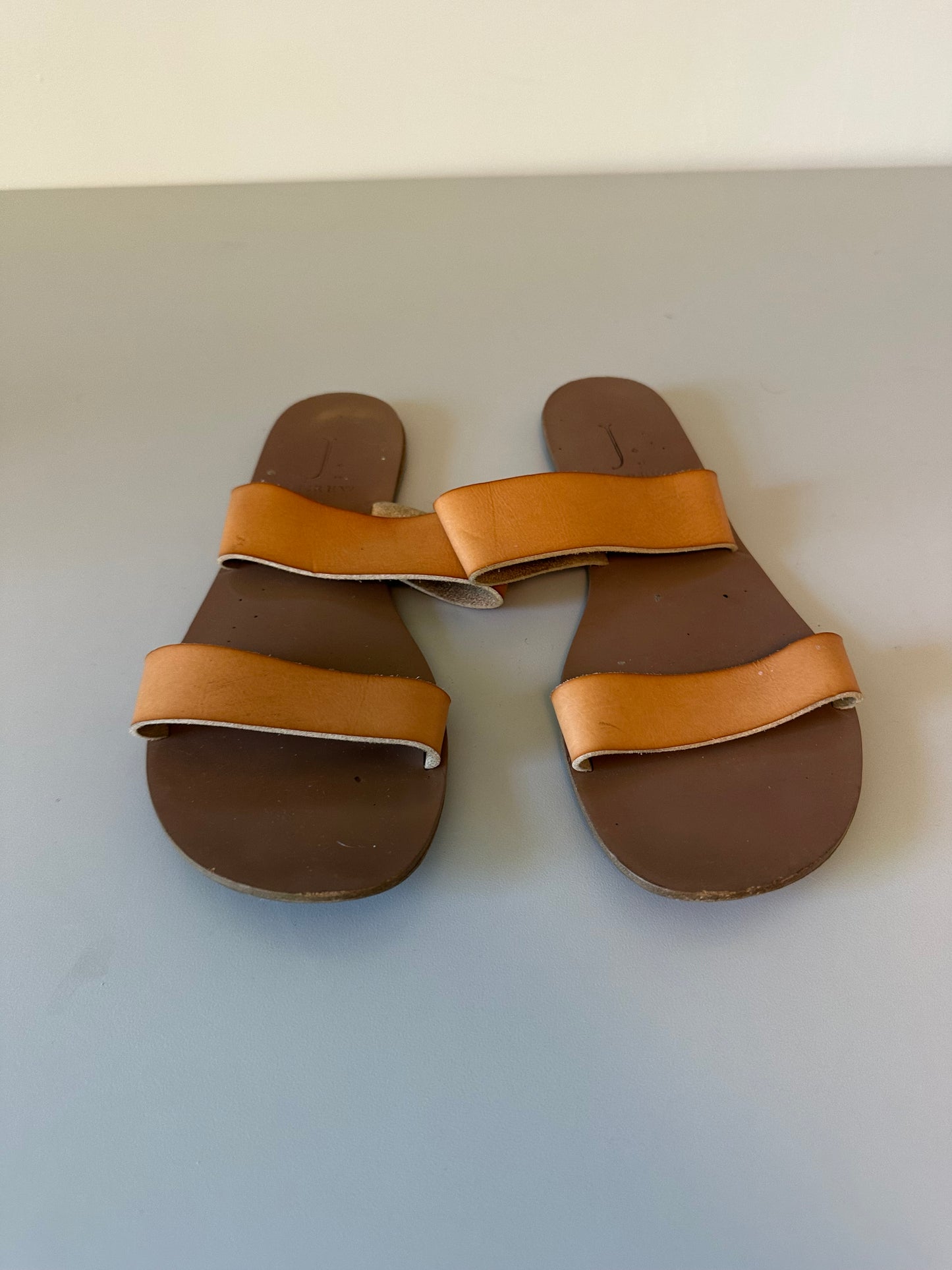 J. Crew Tan Leather Two Strap Slide Sandals in Cognac | Size 7