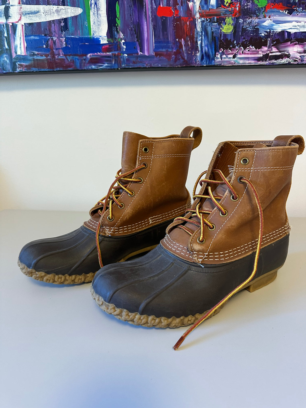 LL Bean 6 Inch Bean Boots in Tan Leather and Navy | Size 9