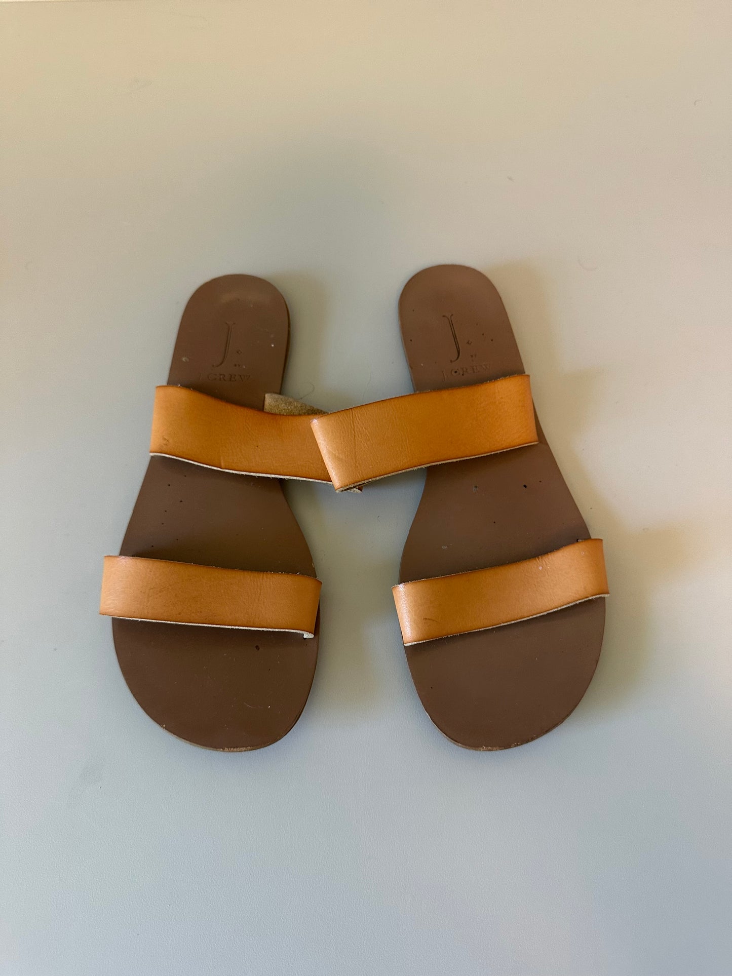 J. Crew Tan Leather Two Strap Slide Sandals in Cognac | Size 7