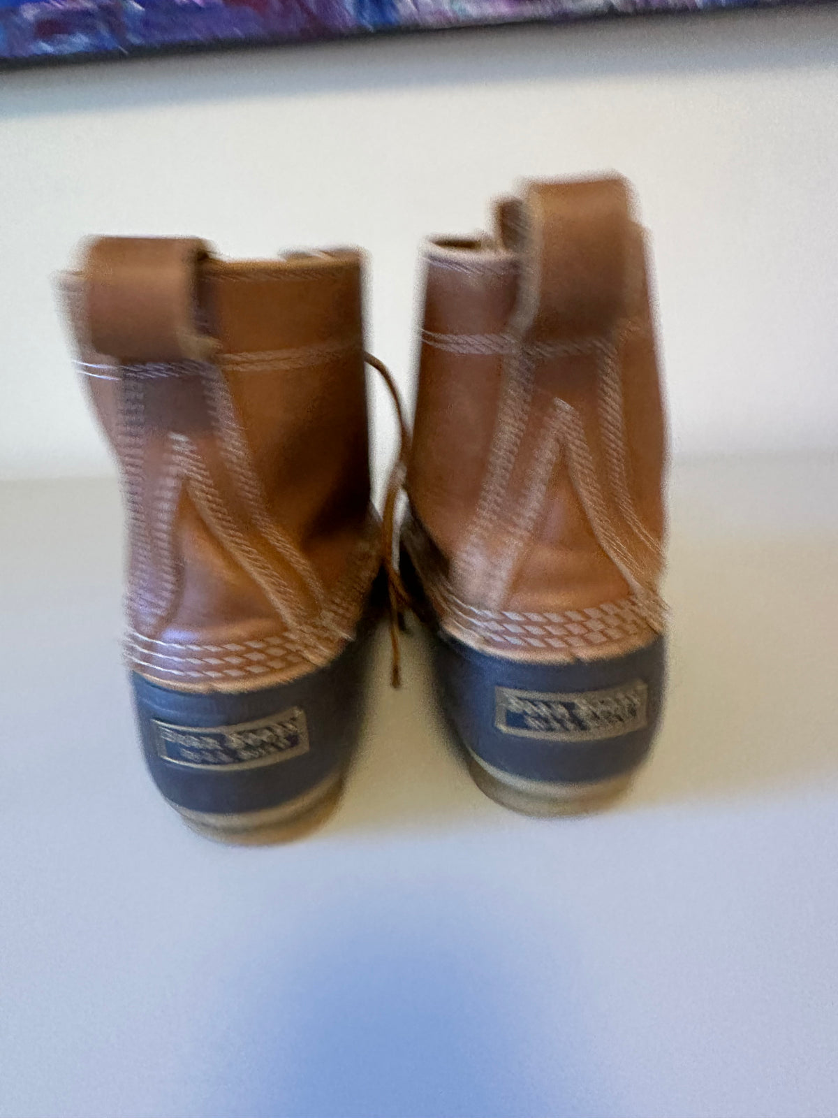LL Bean 6 Inch Bean Boots in Tan Leather and Navy | Size 9