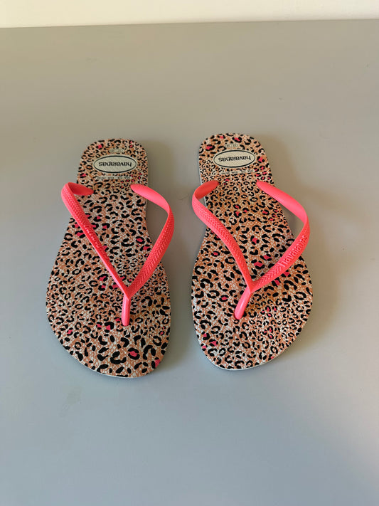 Havaianas Slim Leopard Animal Print Neon Pink Flip Flops | Size 7/8