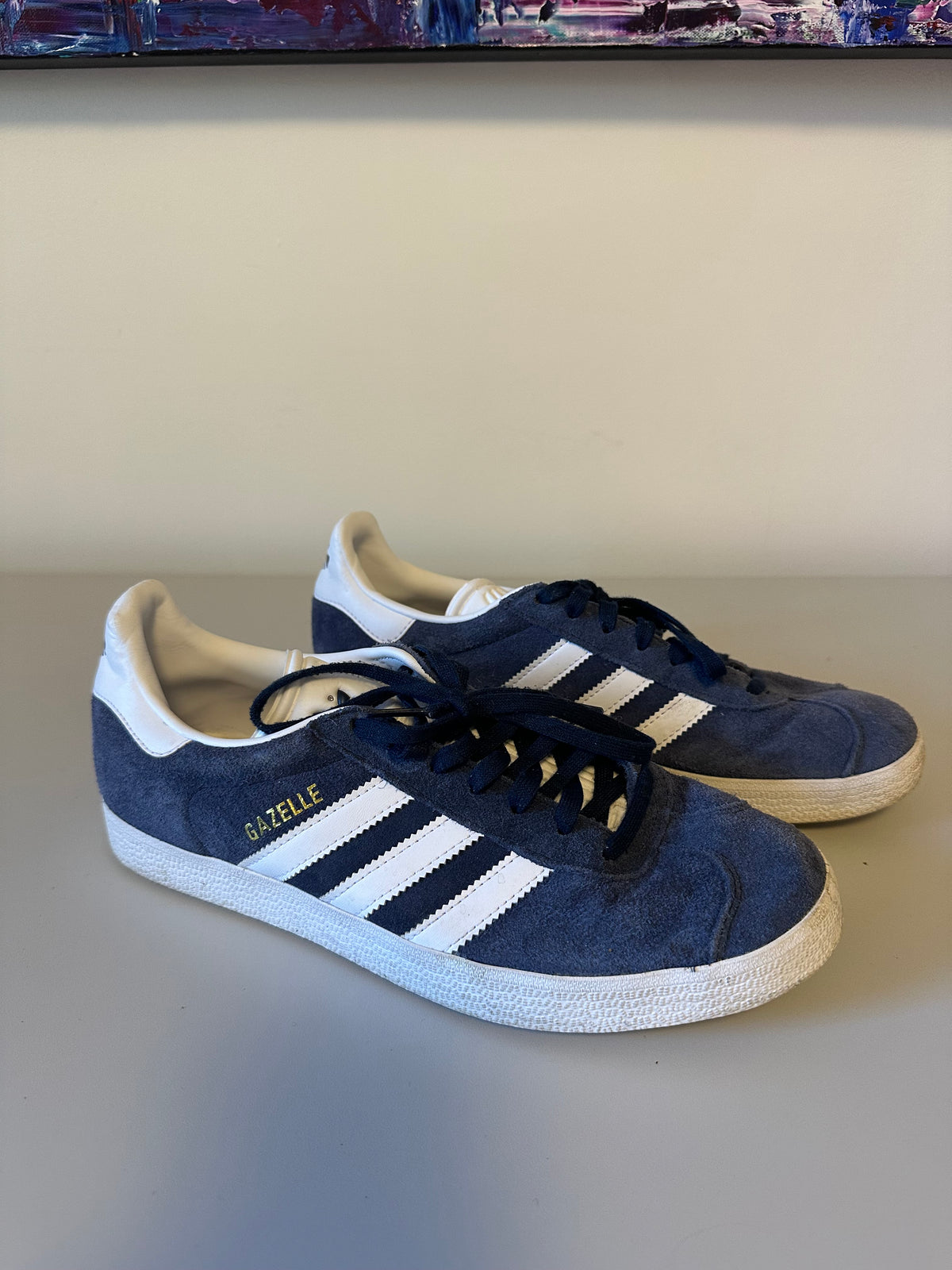 Adidas Gazelle Navy Blue Suede and White Stripes Sneakers | Size 9.5