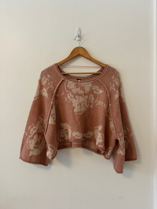 Free People Cropped Floral Sweater in Pink and Cream | Size Small