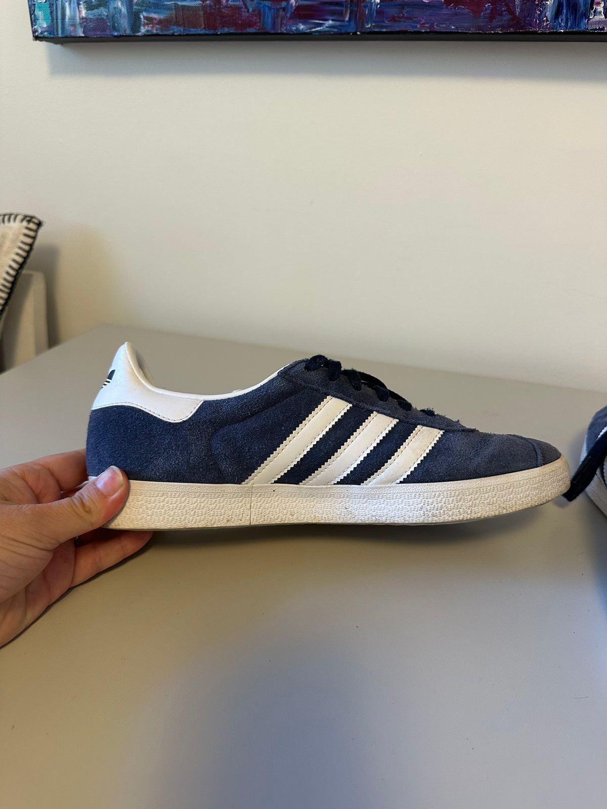 Adidas Gazelle Navy Blue Suede and White Stripes Sneakers | Size 9.5