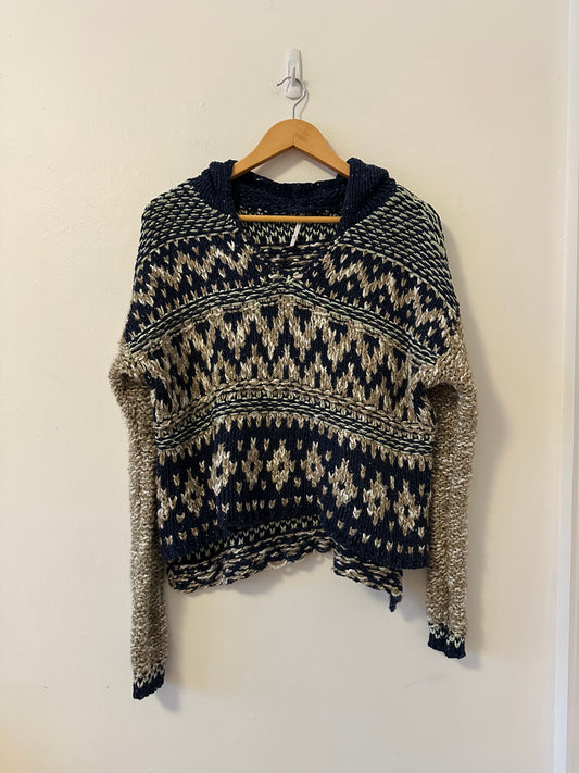 Free People Chunky Knit High Low V-Neck Fair Isle Hooded Sweater | Size Medium