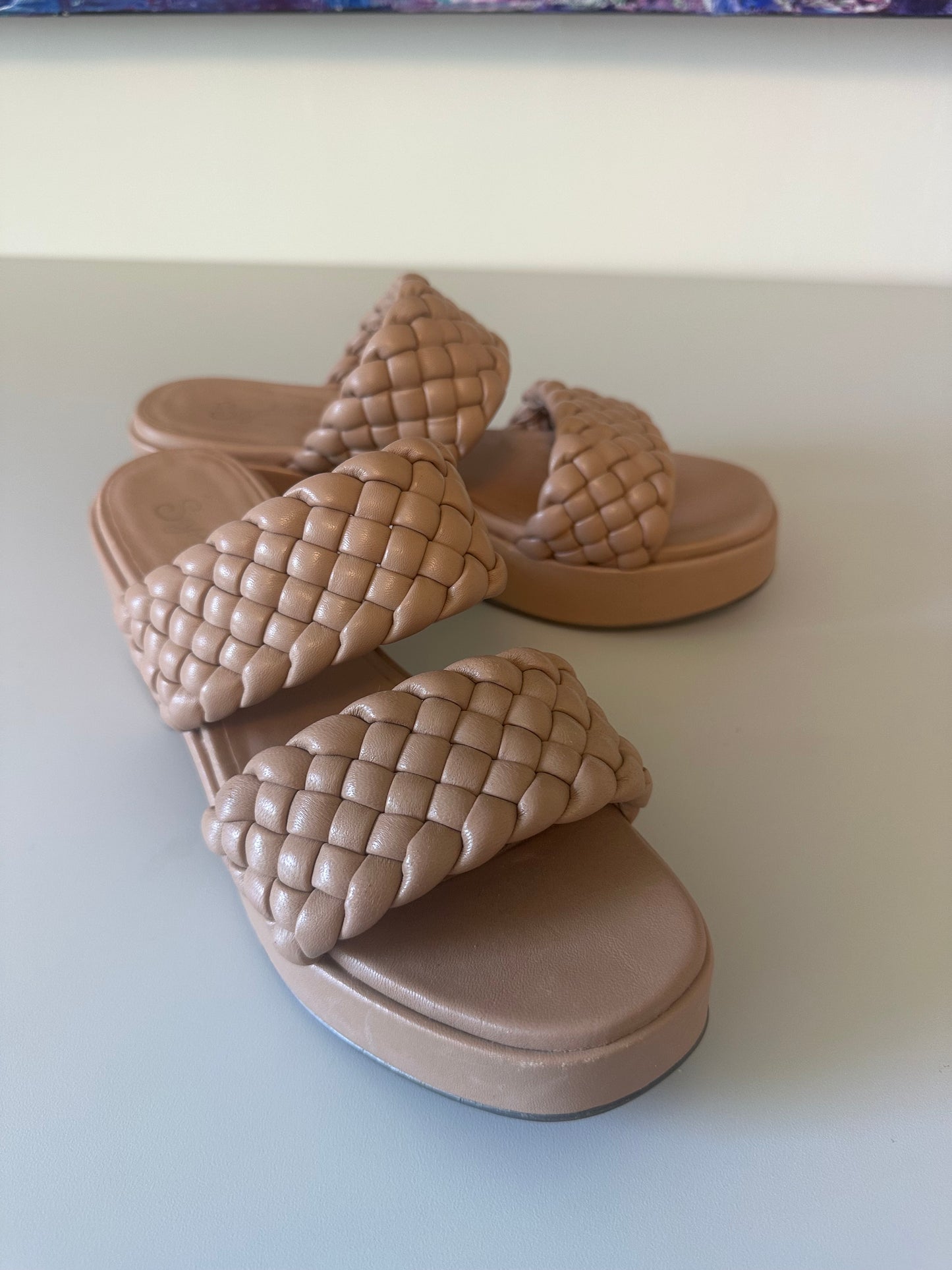 Seychelles Tan Woven Leather Platform Block Heel Sandals | Size 8