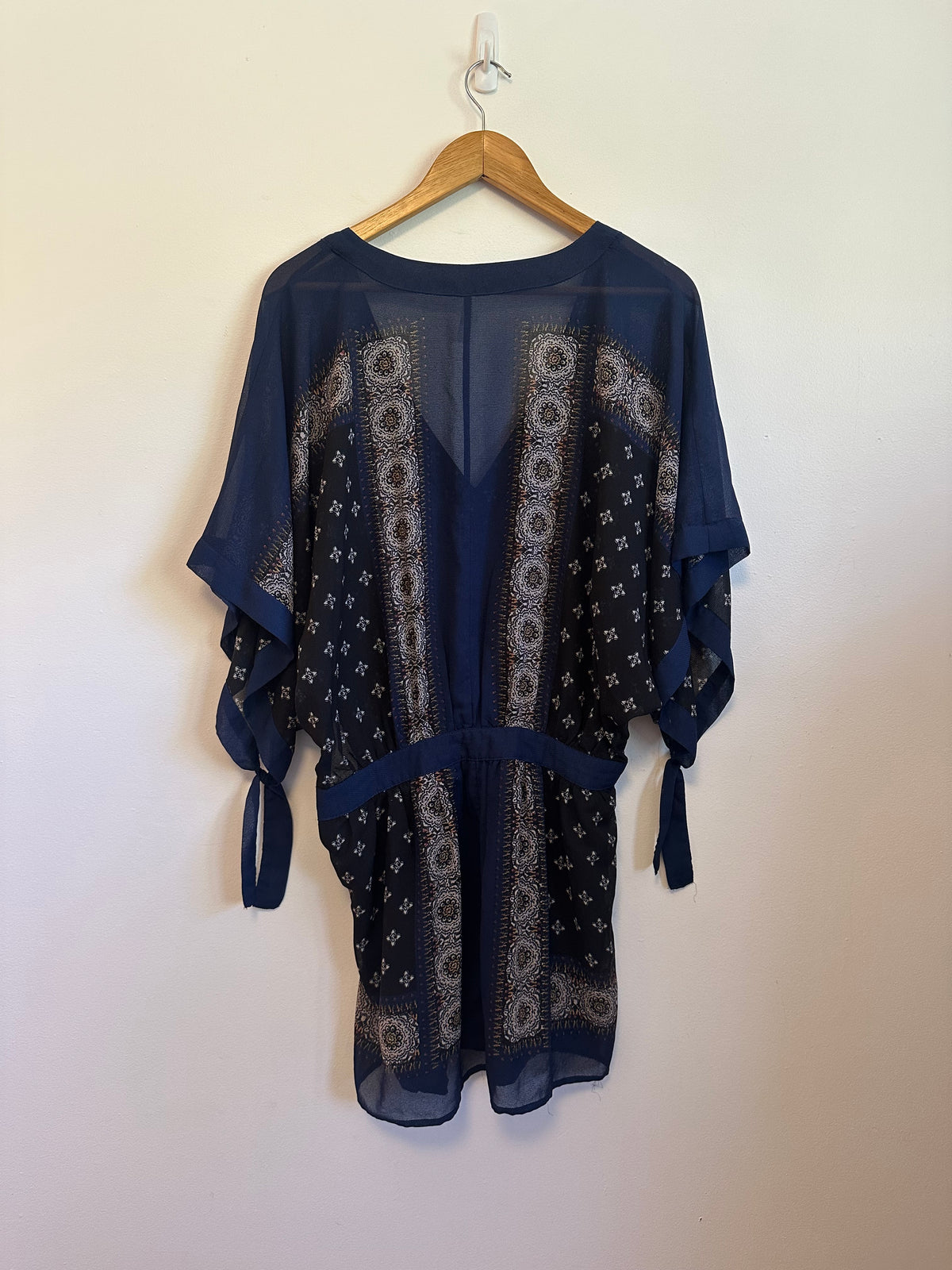 Free People Blue and Black Boho V-Neck Kimono Sleeve Mini Dress | Size Small