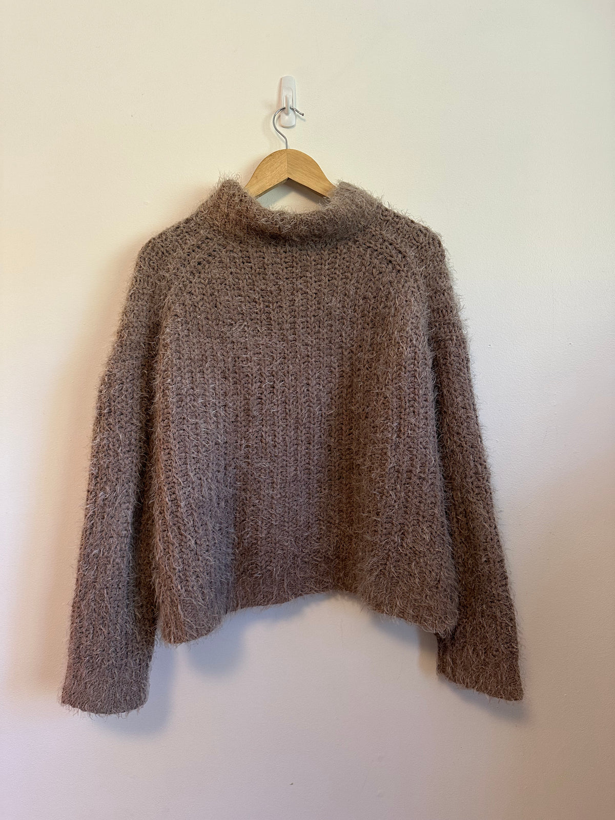 Vintage Havana Taupe Fuzzy Eyelash Knit Mock Neck Sweater | Size Medium