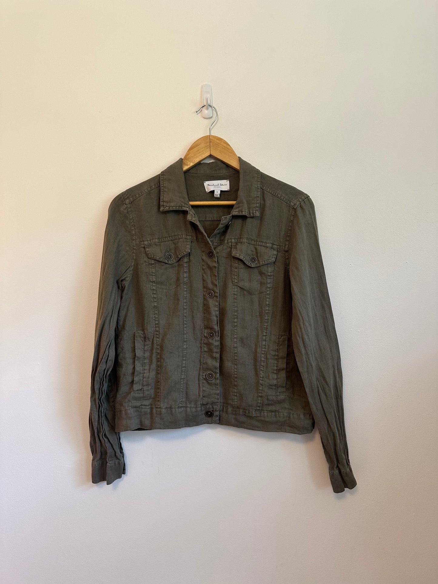 Michael Stars Olive Green Linen Button Front Utility Jacket | Size Medium