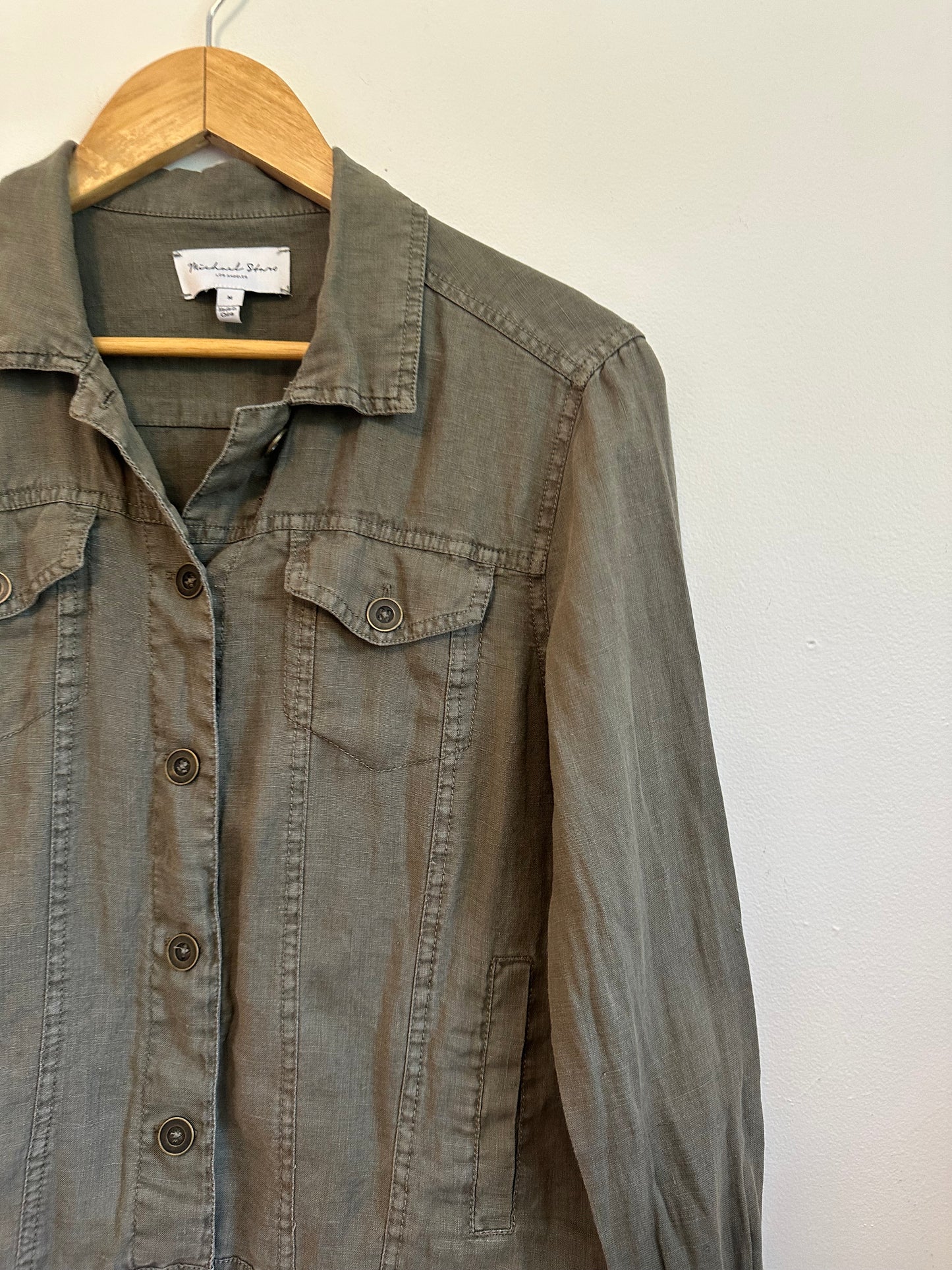 Michael Stars Olive Green Linen Button Front Utility Jacket | Size Medium