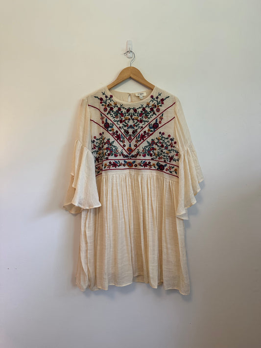 Umgee Cream Embroidered Boho Babydoll Mini Dress | Size Large