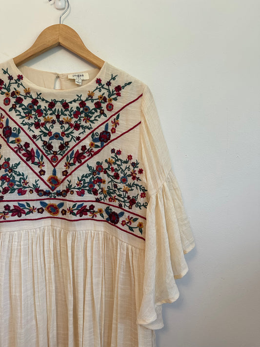 Umgee Cream Embroidered Boho Babydoll Mini Dress | Size Large
