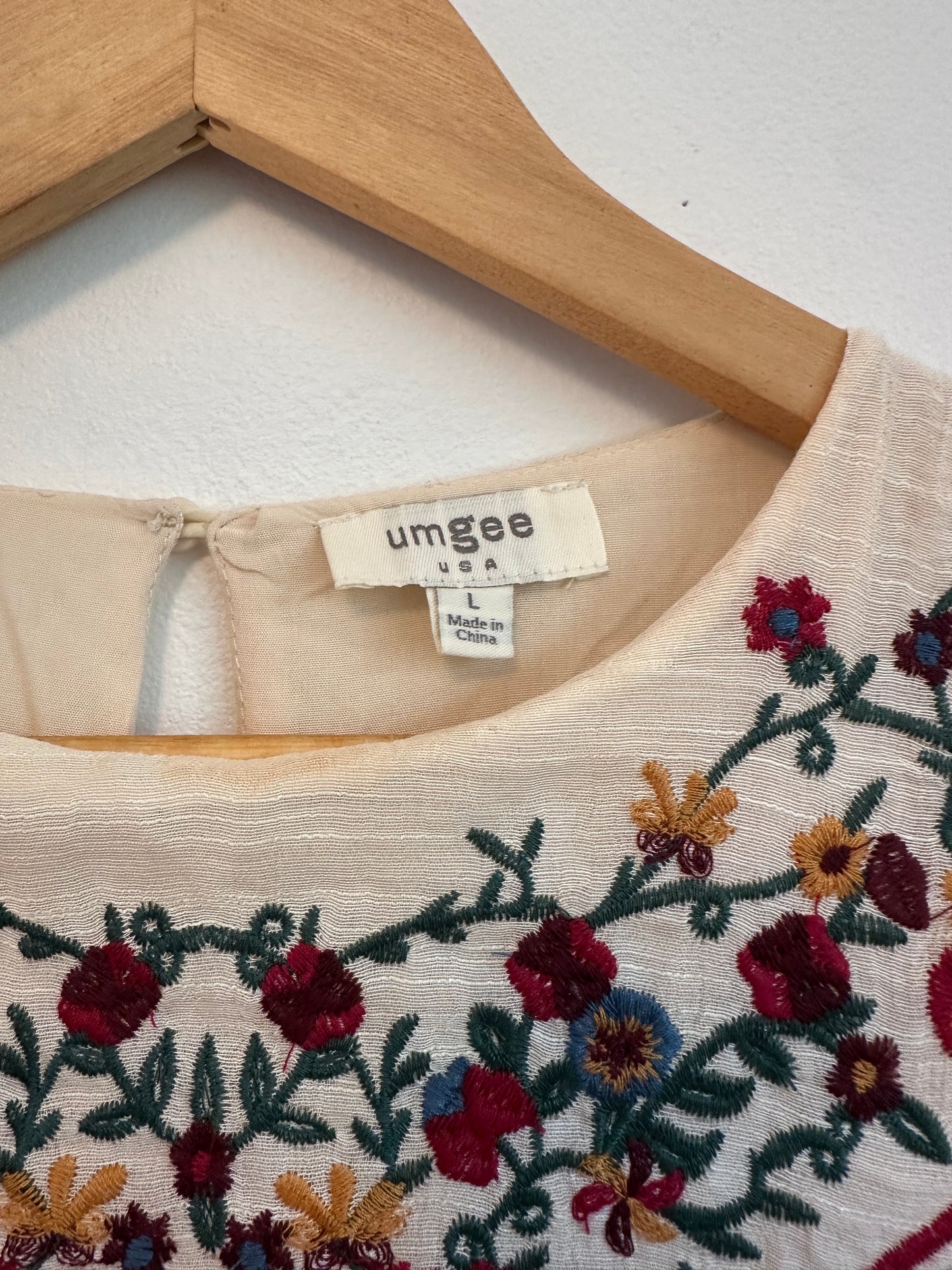 Umgee Cream Embroidered Boho Babydoll Mini Dress | Size Large