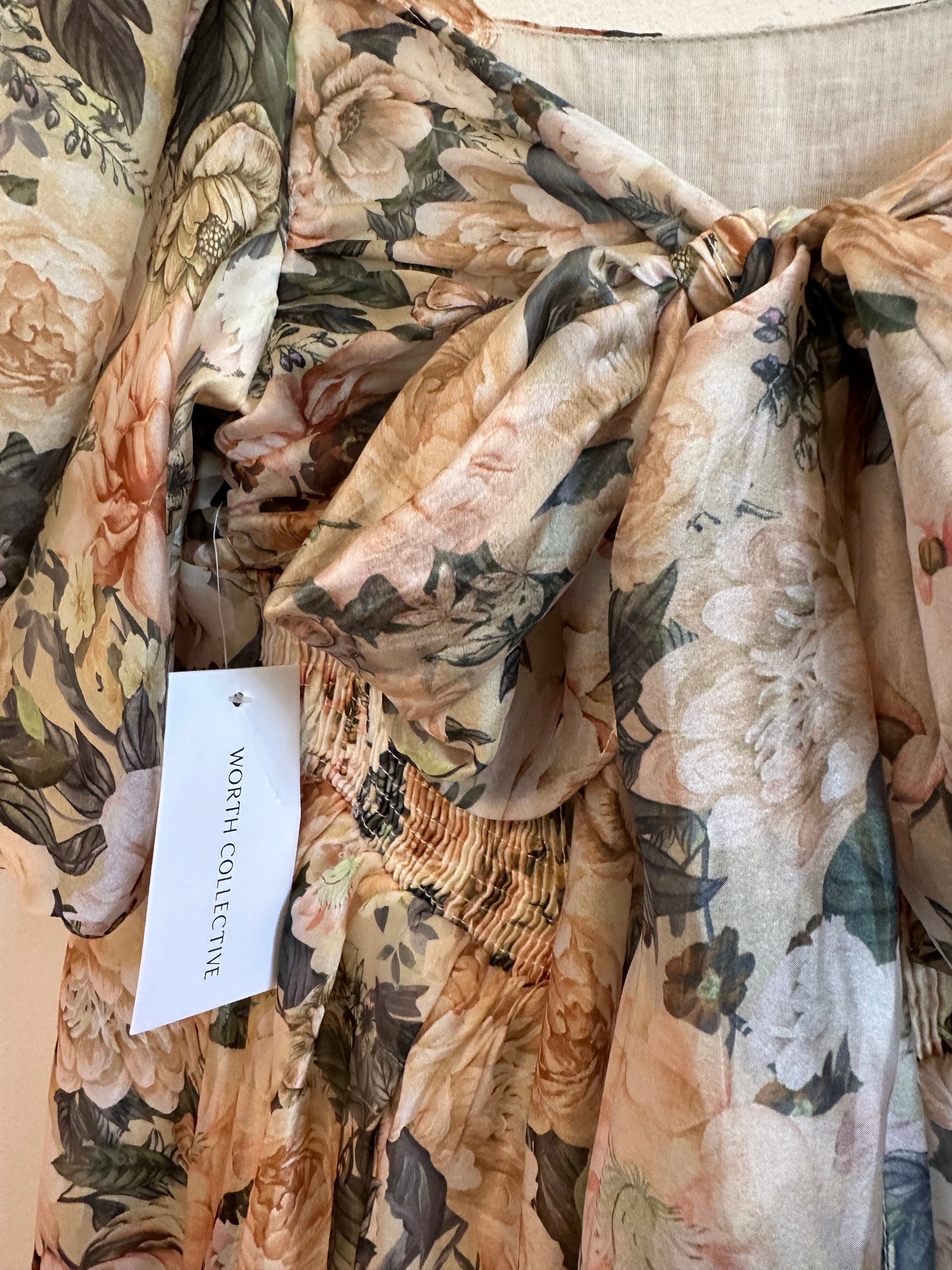 NWT Worth Collective Floral Puff Sleeve Bow Back Maxi Dress | Size Medium