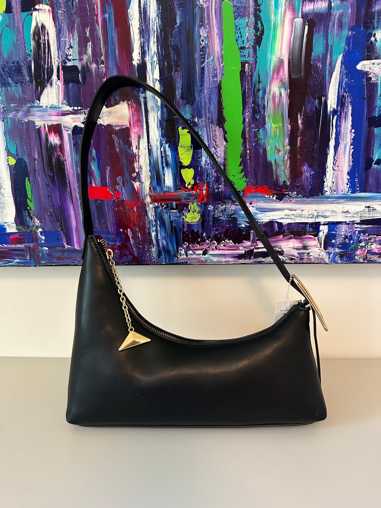 NWT Aldo Timberly Black Leather Asymmetrical Shoulder Bag with Gold Hardware