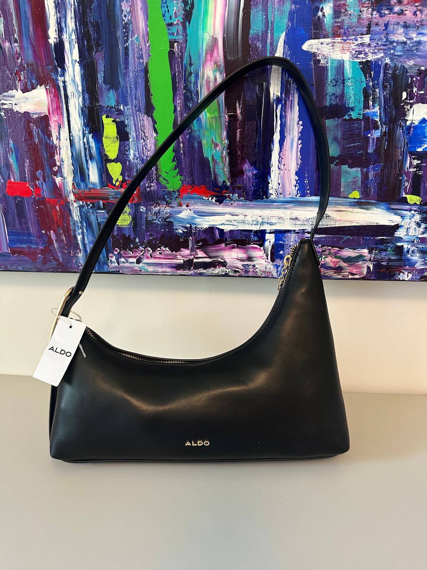 NWT Aldo Timberly Black Leather Asymmetrical Shoulder Bag with Gold Hardware