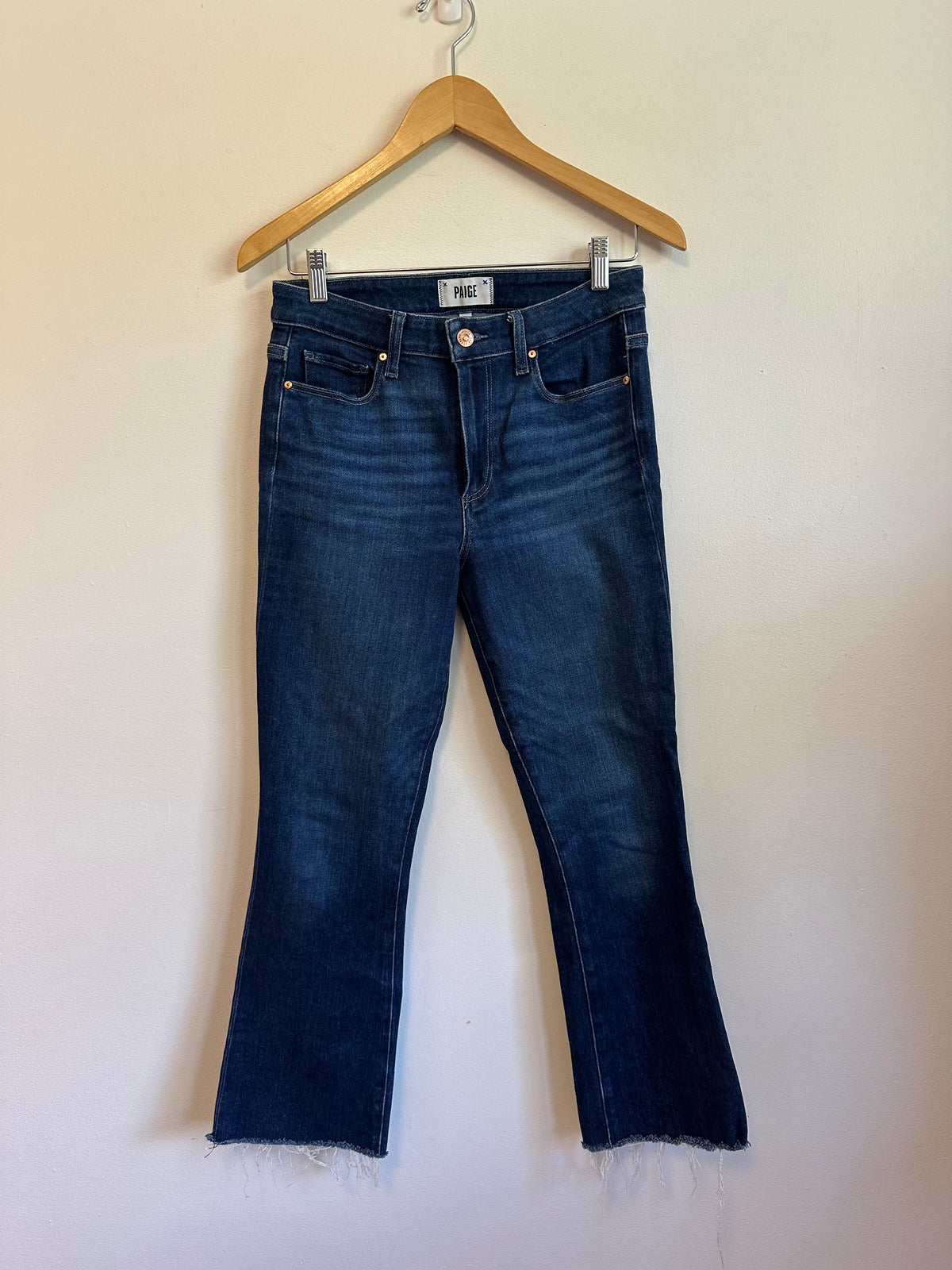 Paige Colette Crop Flare Jeans in Dark Wash Blue | Size 28