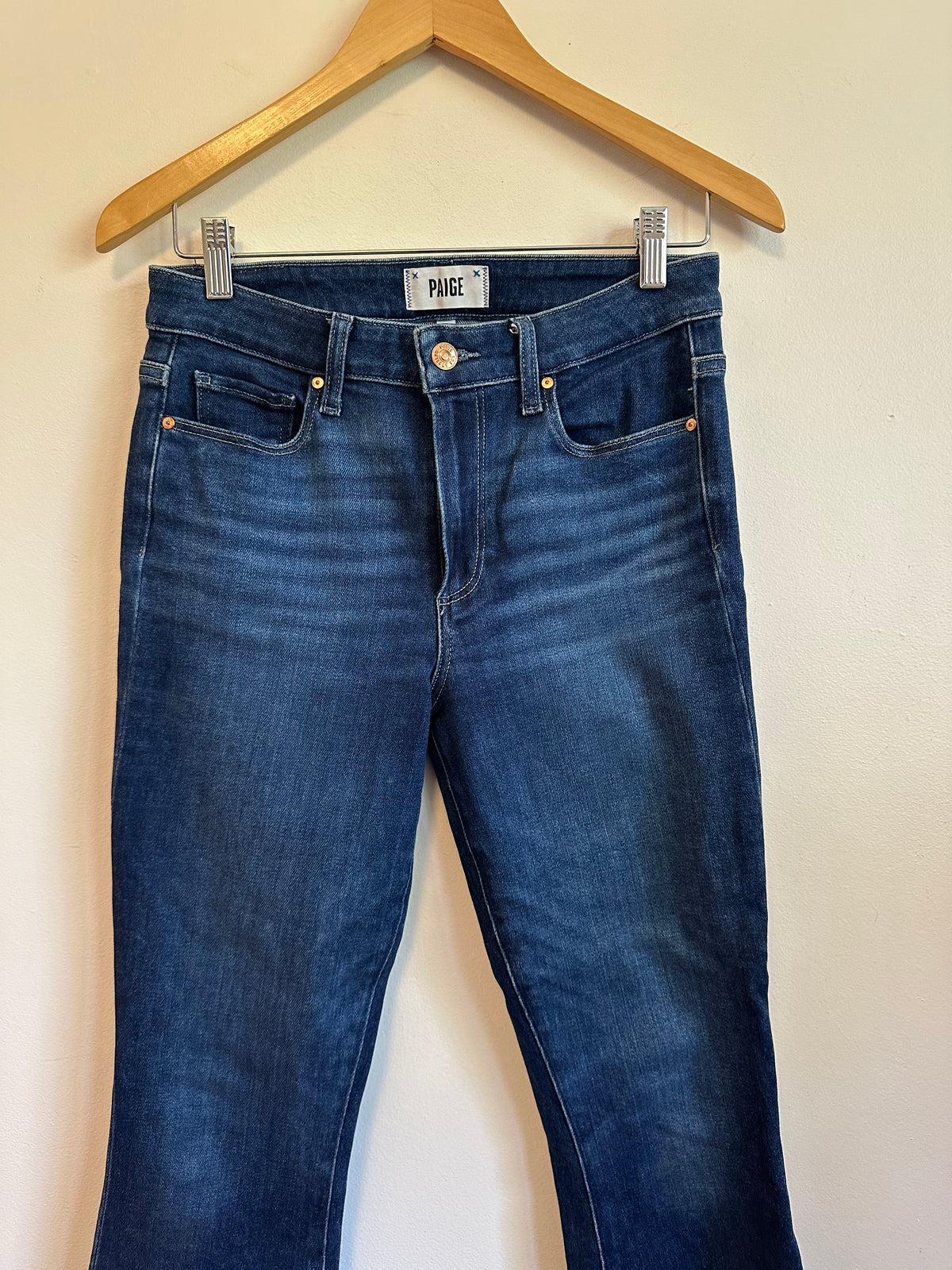 Paige Colette Crop Flare Jeans in Dark Wash Blue | Size 28