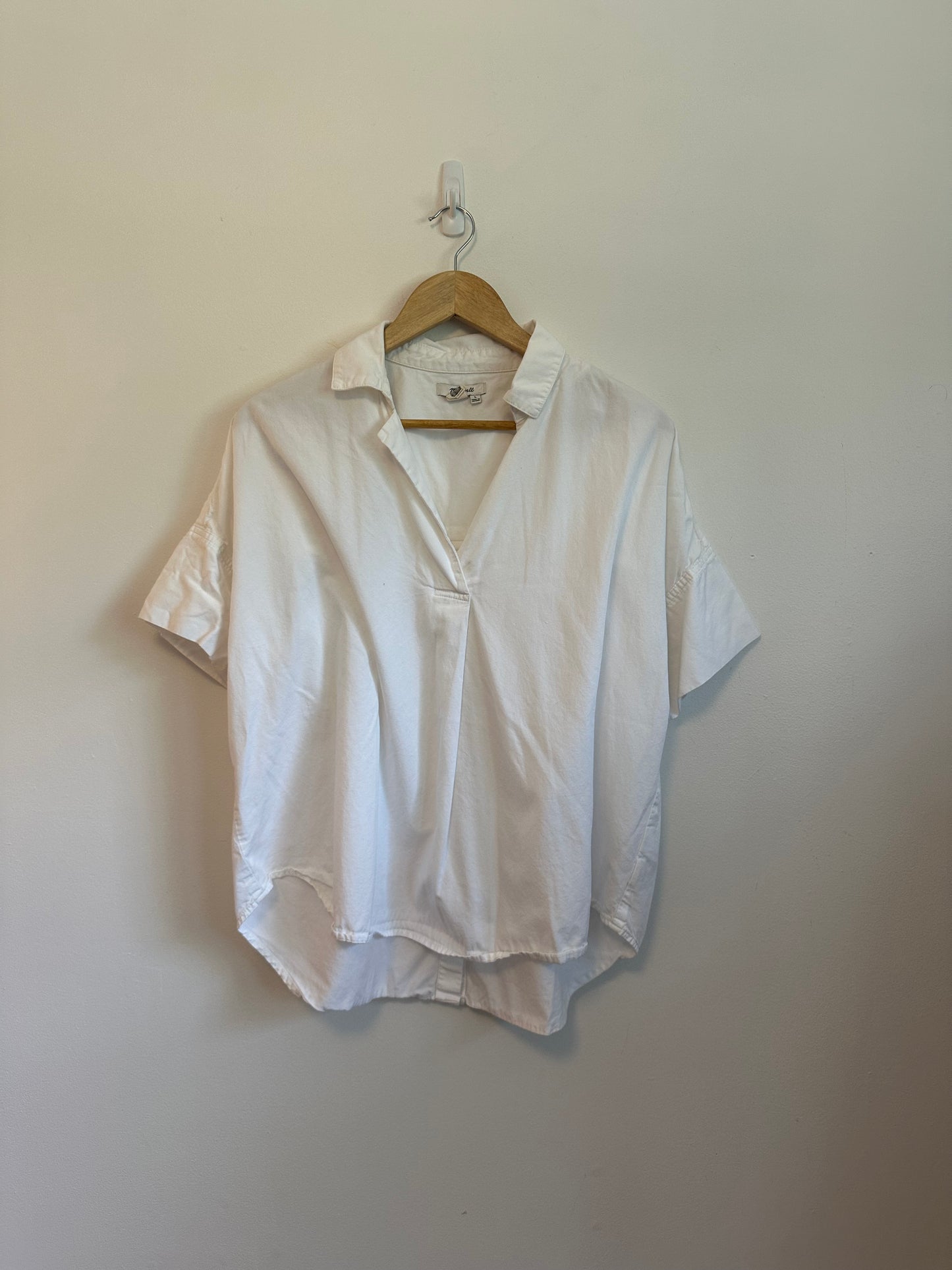 Madewell White Cotton Modal Short Sleeve Button Back Popover Top | Size Large