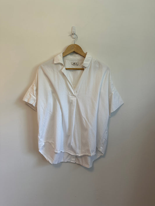 Madewell White Cotton Modal Short Sleeve Button Back Popover Top | Size Large
