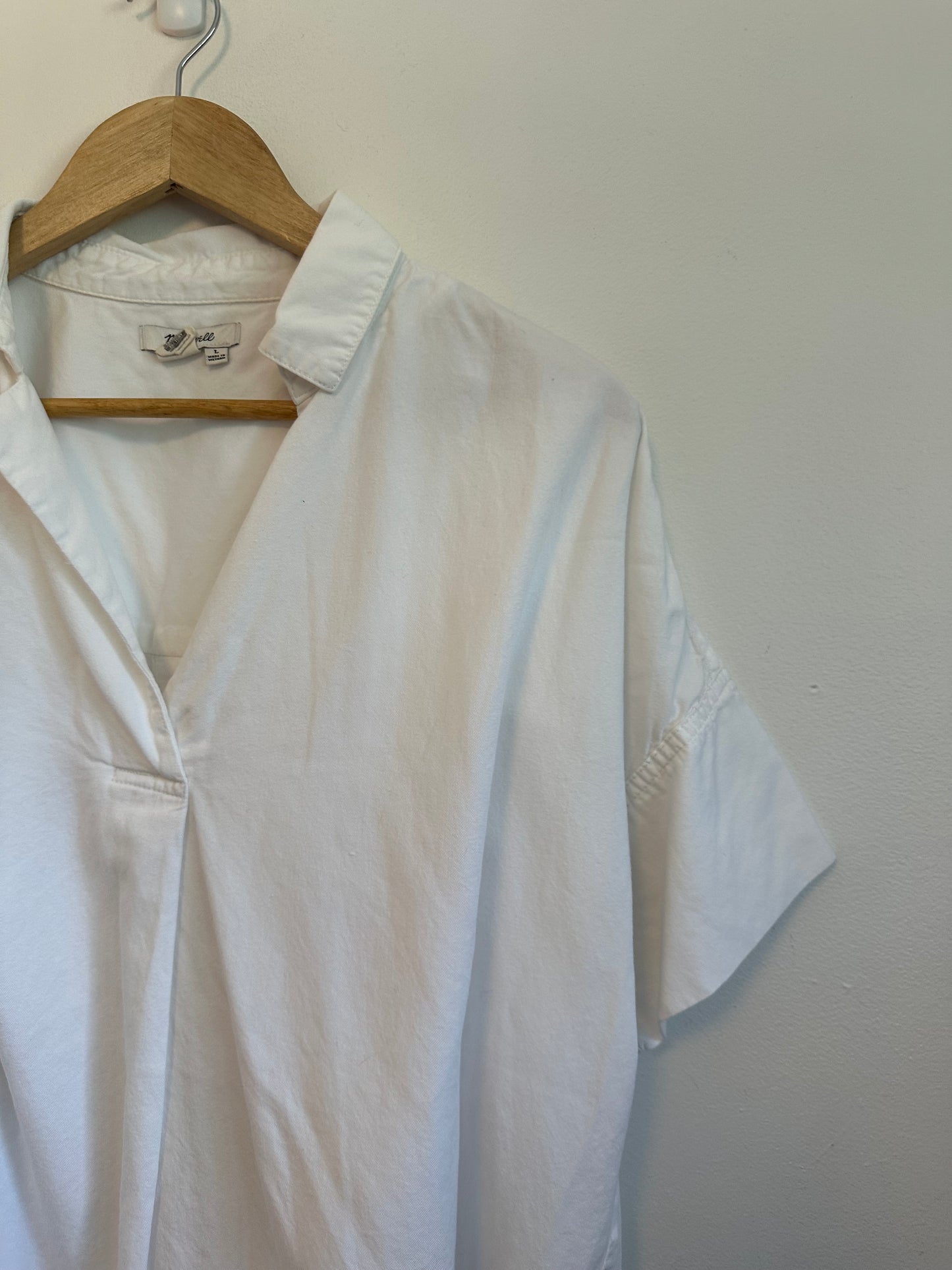 Madewell White Cotton Modal Short Sleeve Button Back Popover Top | Size Large