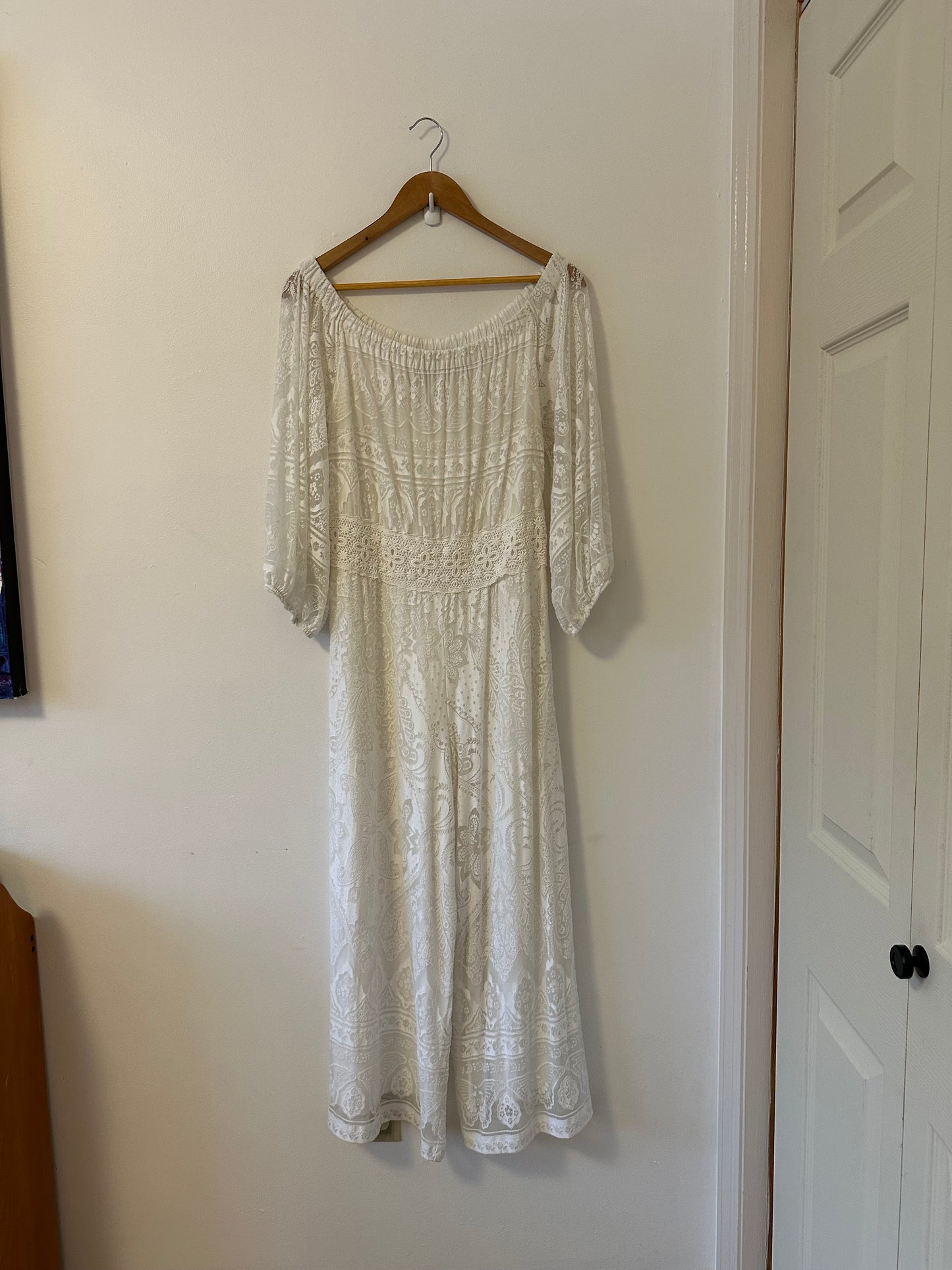 Anthropologie x Farm Rio Elliott Lace White Off the Shoulder Jumpsuit | Size Medium