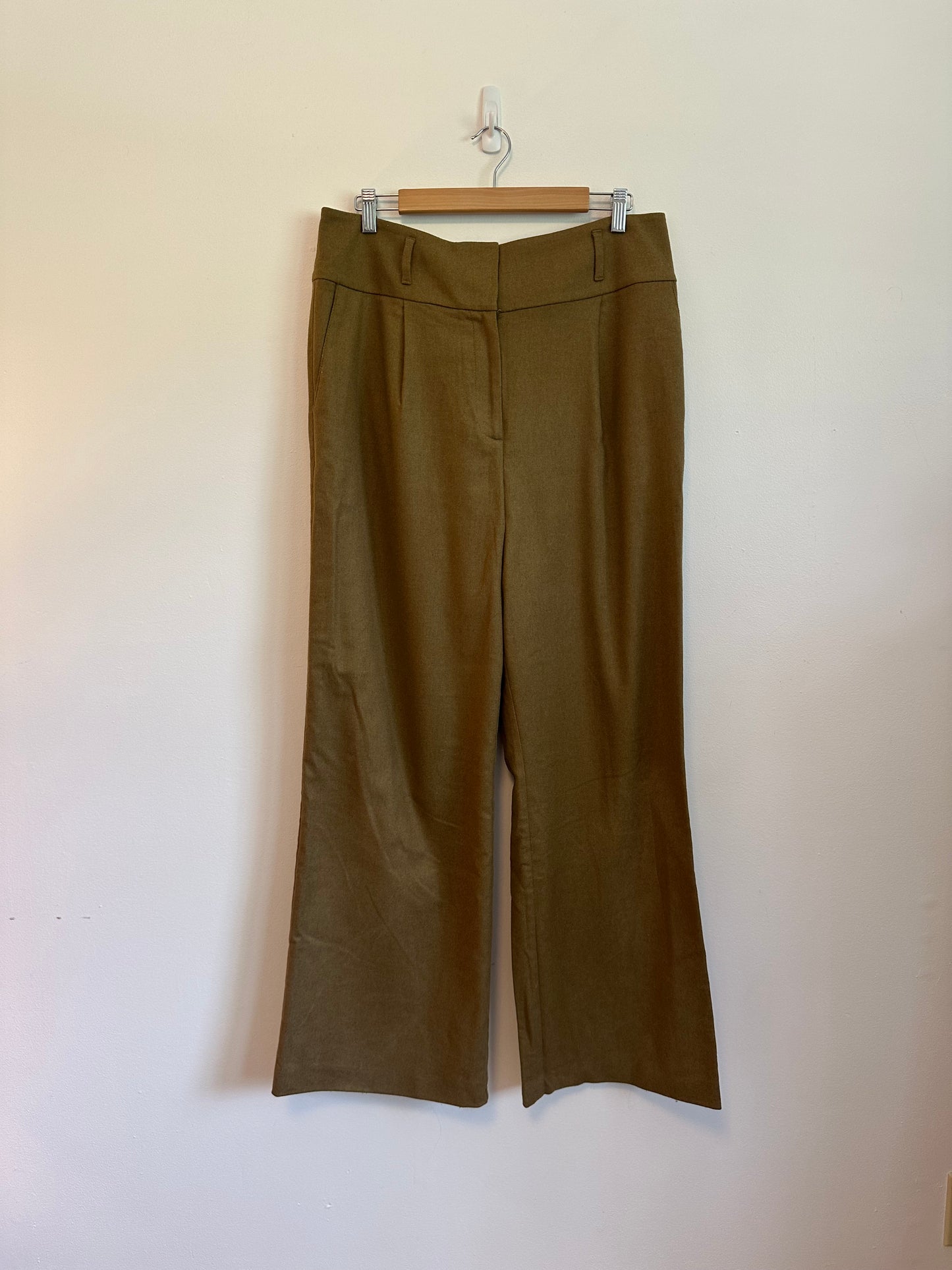 Boden Wool Blend Wide Leg High Rise Trousers in Olive Green | Size 10