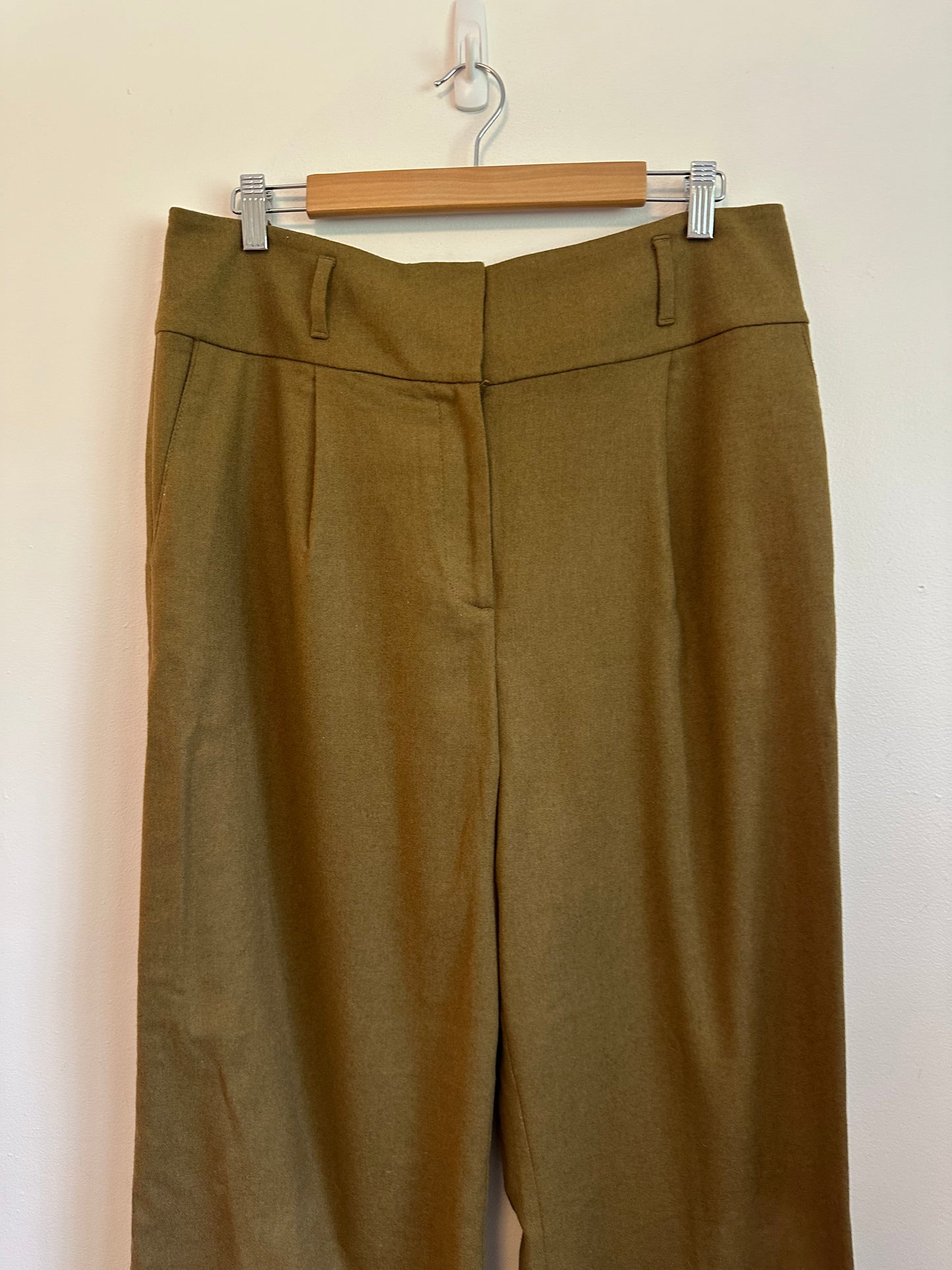 Boden Wool Blend Wide Leg High Rise Trousers in Olive Green | Size 10