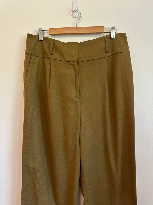 Boden Wool Blend Wide Leg High Rise Trousers in Olive Green | Size 10