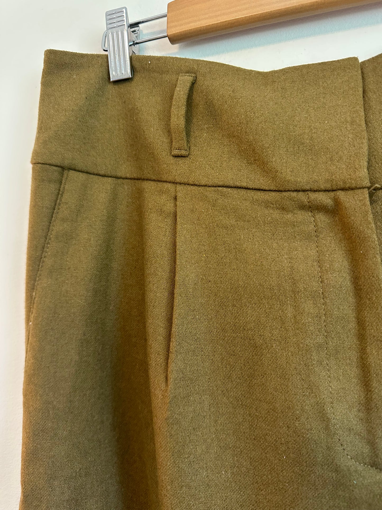 Boden Wool Blend Wide Leg High Rise Trousers in Olive Green | Size 10