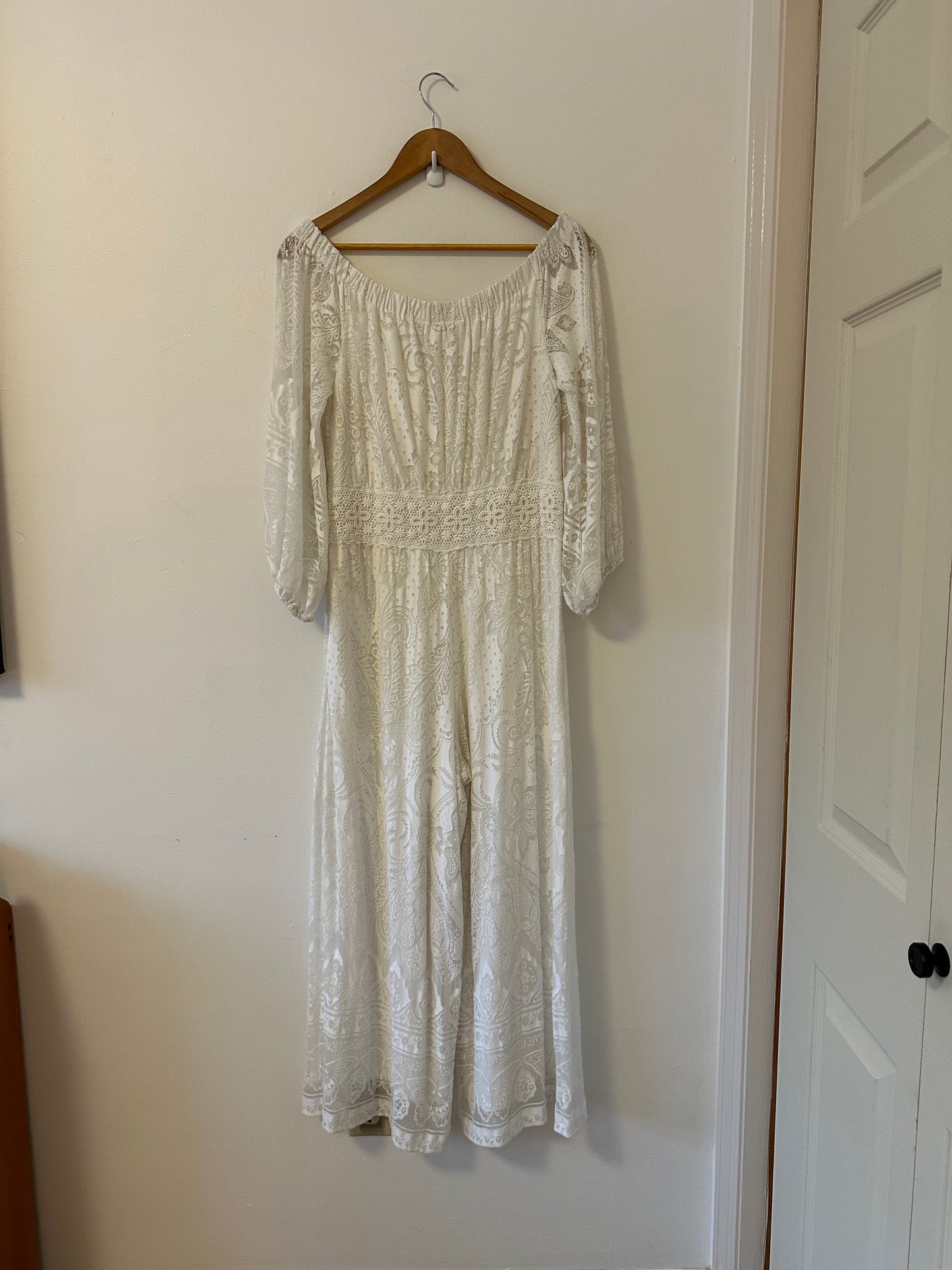 Anthropologie x Farm Rio Elliott Lace White Off the Shoulder Jumpsuit | Size Medium