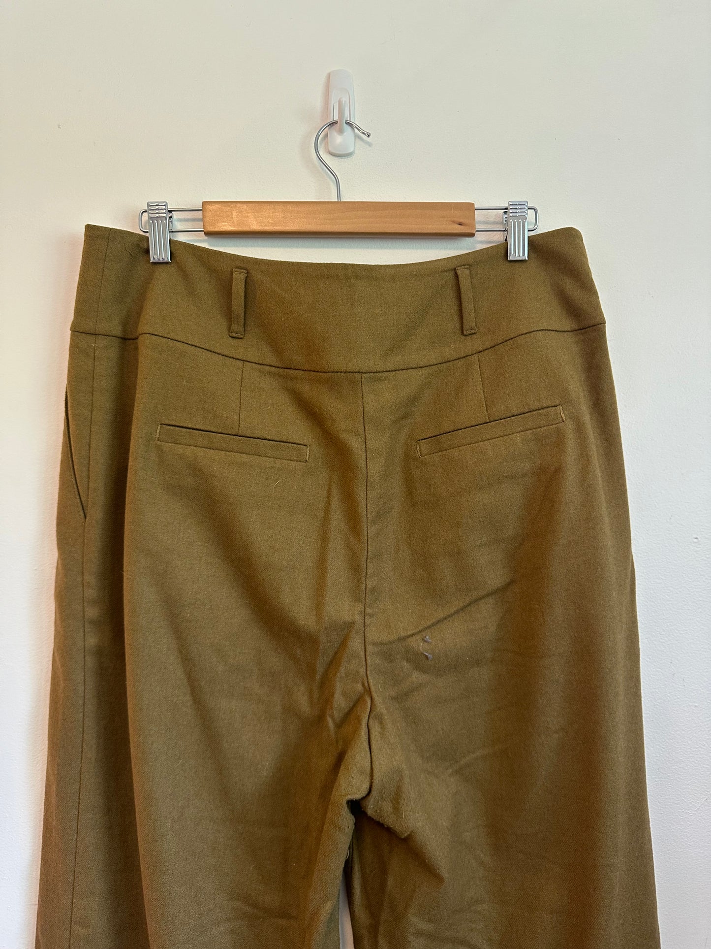 Boden Wool Blend Wide Leg High Rise Trousers in Olive Green | Size 10