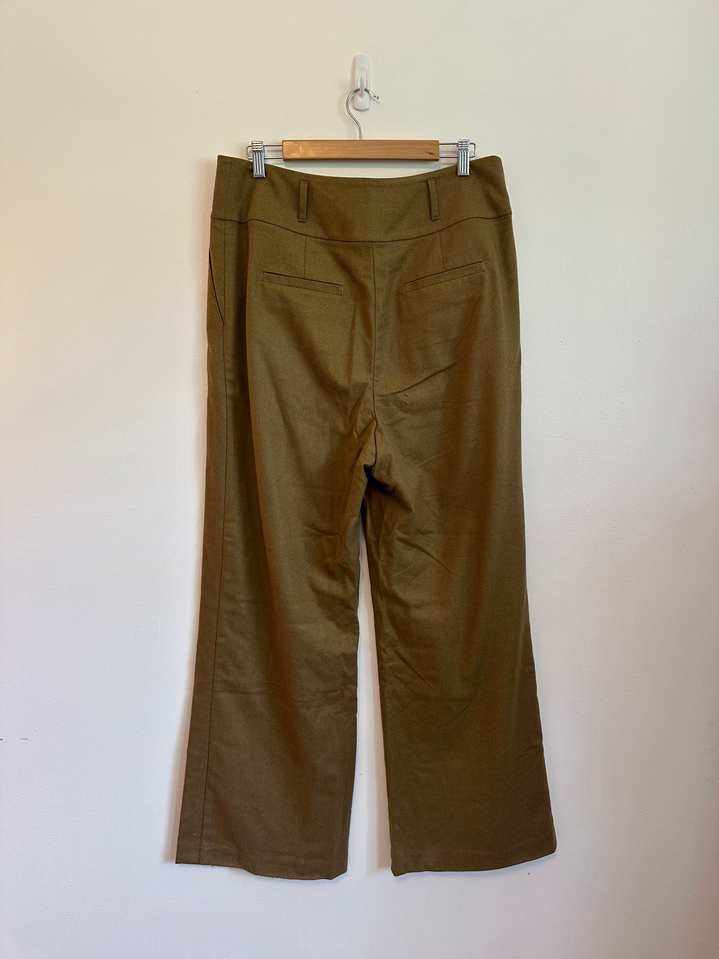 Boden Wool Blend Wide Leg High Rise Trousers in Olive Green | Size 10