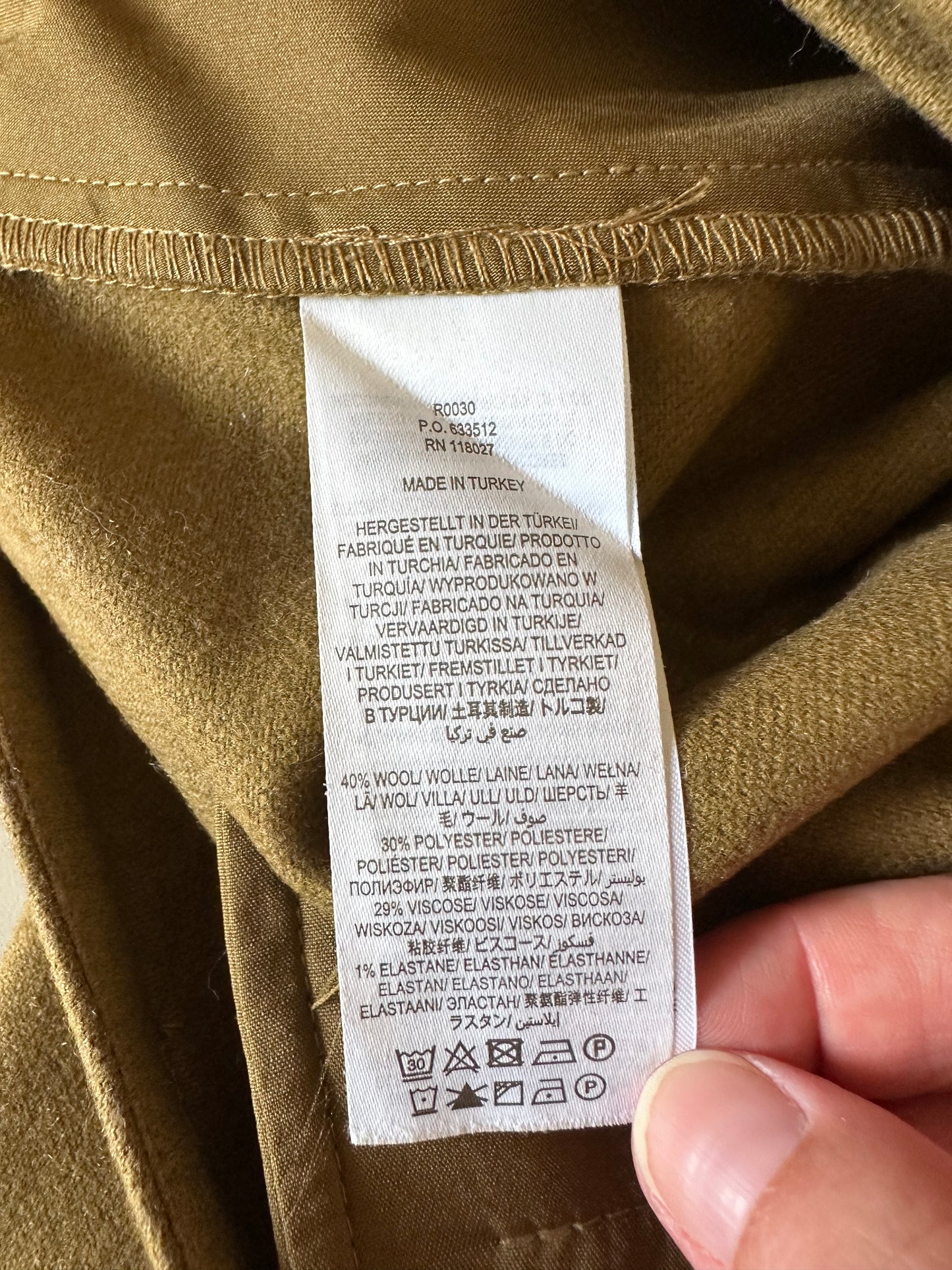 Boden Wool Blend Wide Leg High Rise Trousers in Olive Green | Size 10
