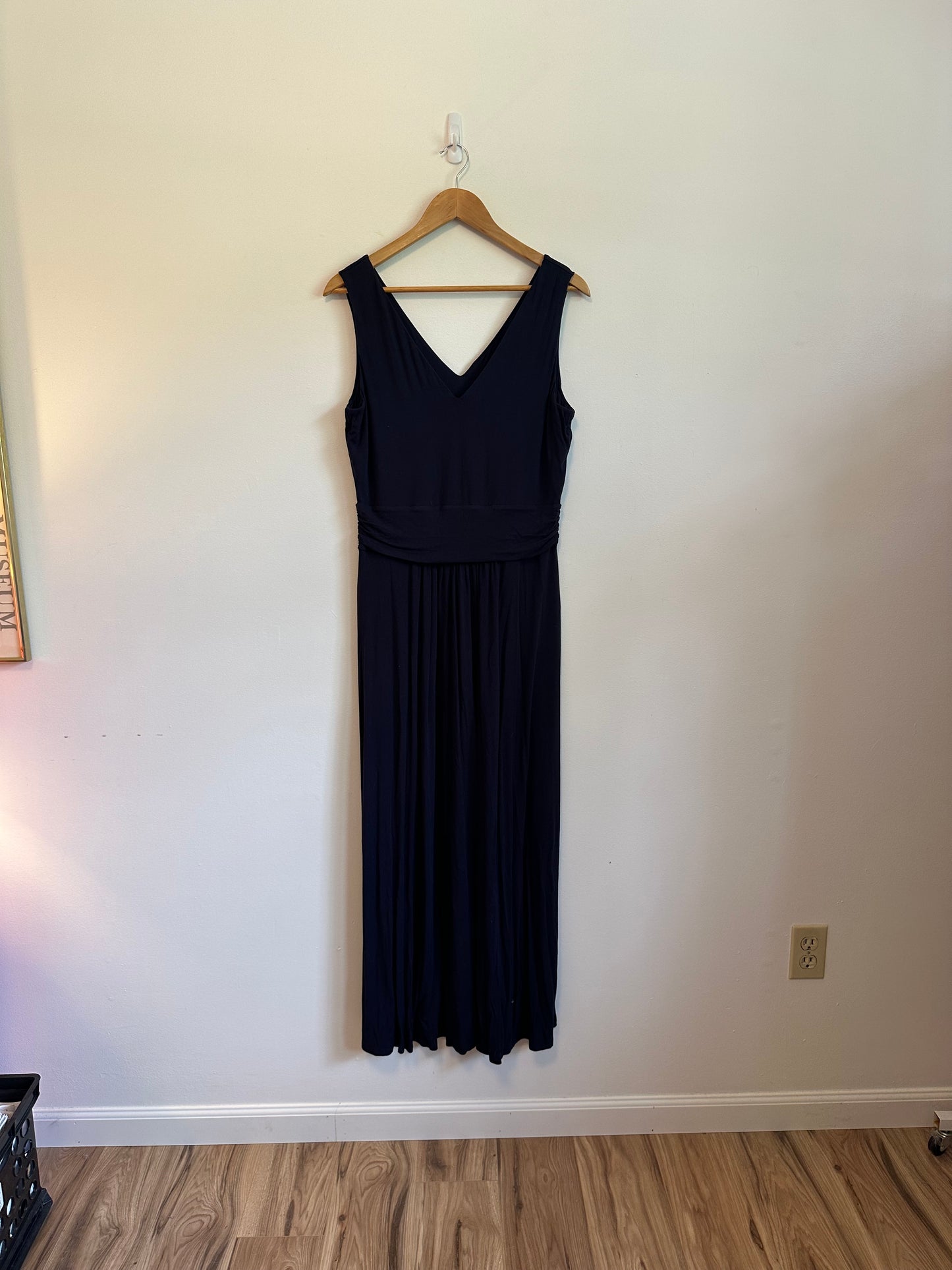 Boden Navy Blue V-Neck Ruched Waist Sleeveless Jersey Maxi Dress | Size 12