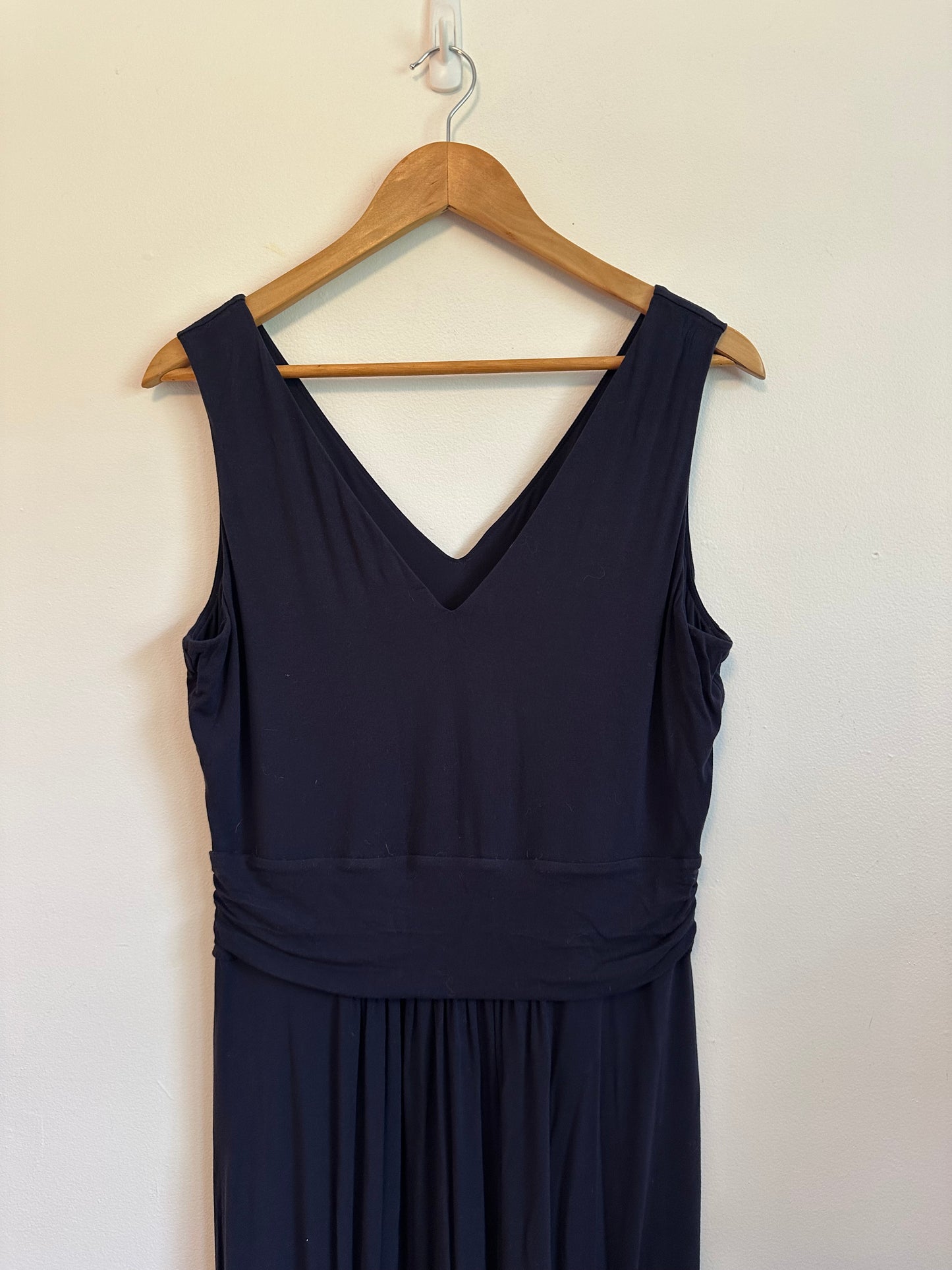 Boden Navy Blue V-Neck Ruched Waist Sleeveless Jersey Maxi Dress | Size 12
