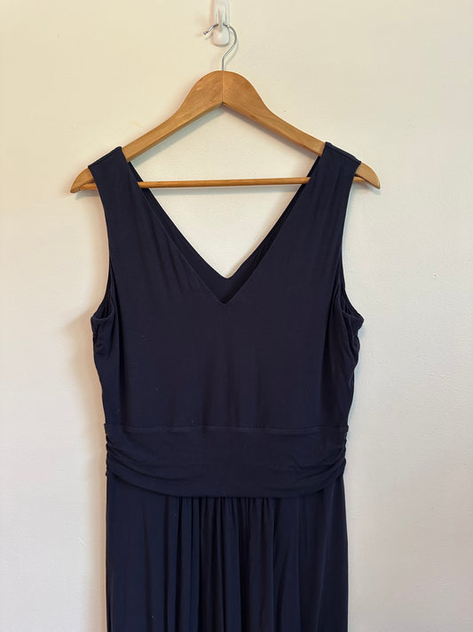 Boden Navy Blue V-Neck Ruched Waist Sleeveless Jersey Maxi Dress | Size 12