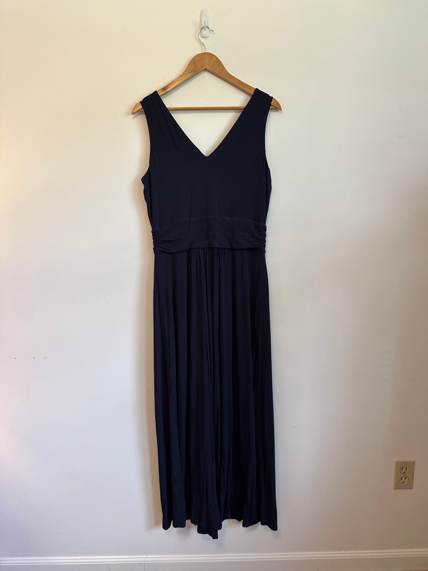 Boden Navy Blue V-Neck Ruched Waist Sleeveless Jersey Maxi Dress | Size 12