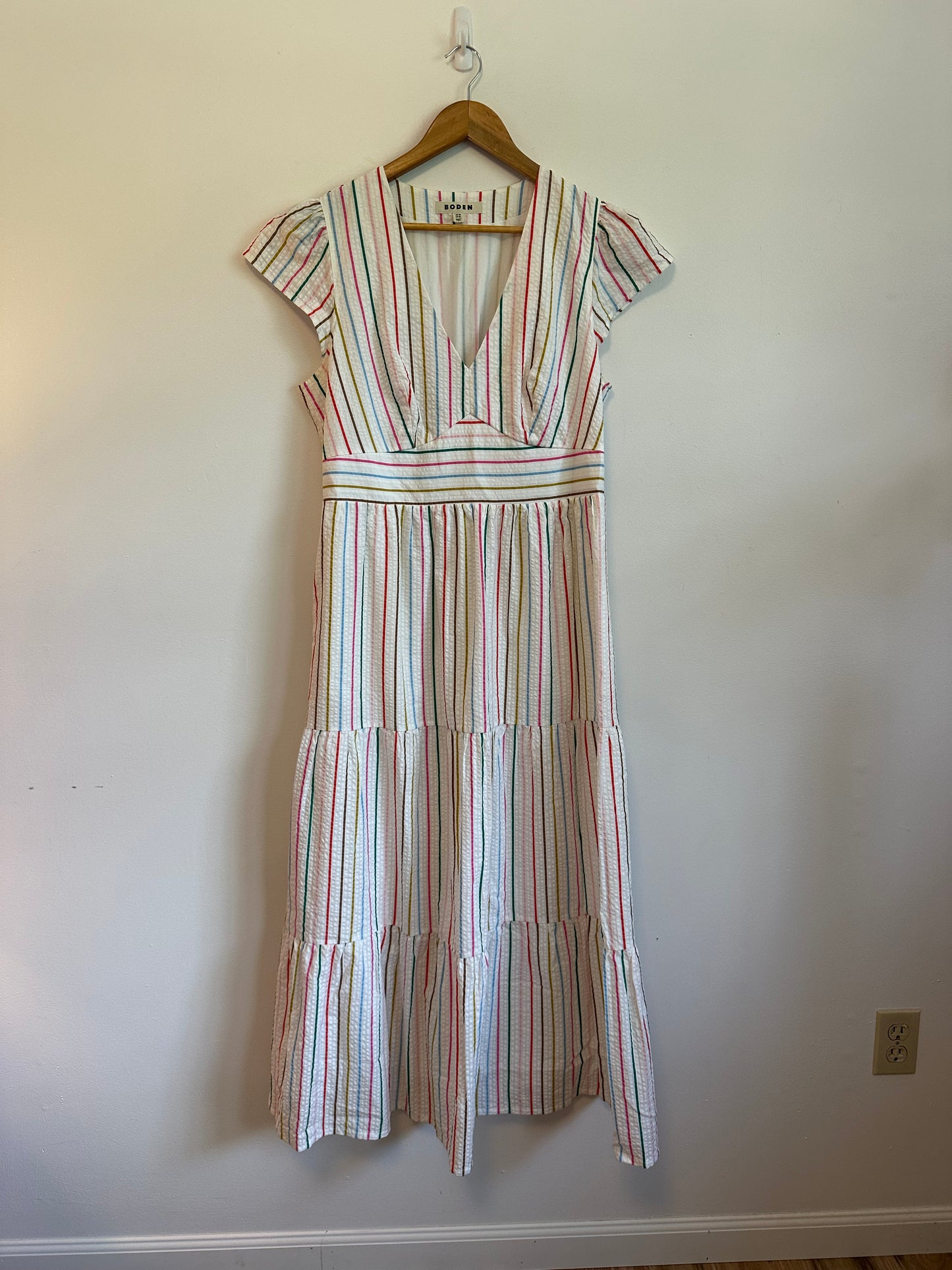Boden Hattie Rainbow Stripe Seersucker Maxi Dress | Size 12L