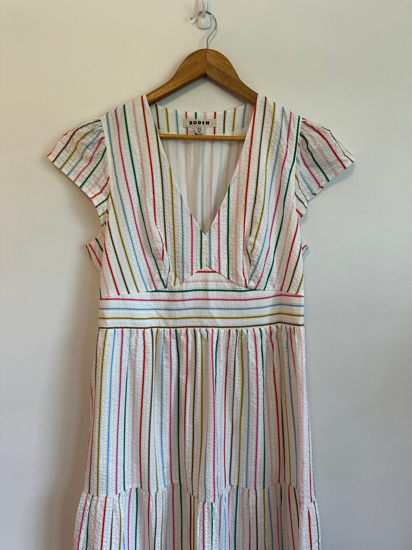 Boden Hattie Rainbow Stripe Seersucker Maxi Dress | Size 12L
