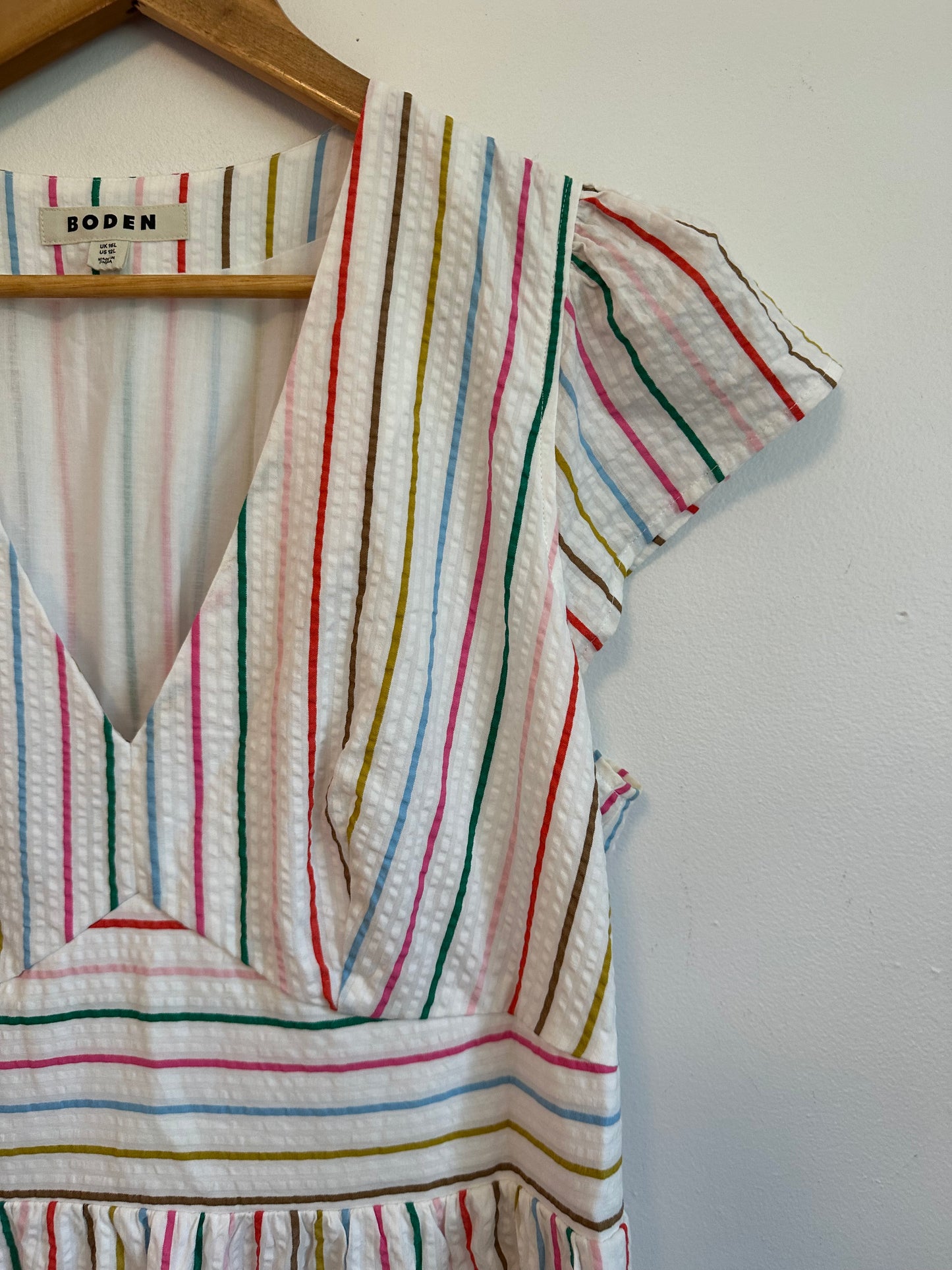 Boden Hattie Rainbow Stripe Seersucker Maxi Dress | Size 12L