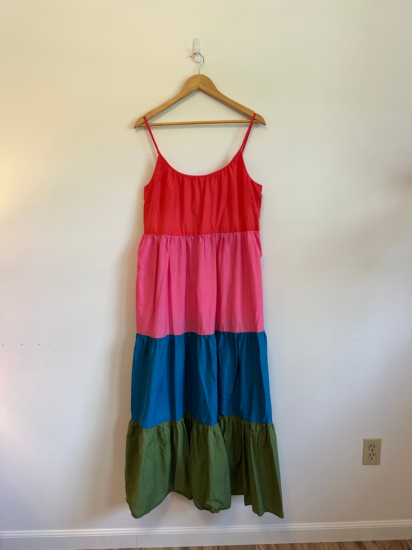 Boden Colorblock Tiered Maxi Dress in Red, Pink, Blue, and Green | Size 12